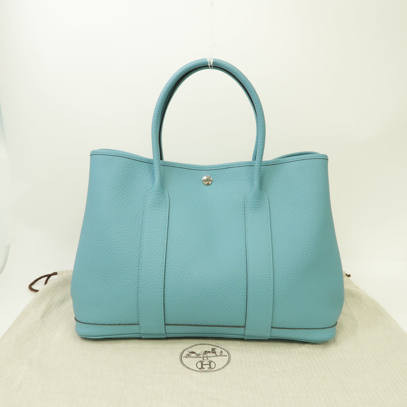 HERMES Country皮革Garden Party PM銀扣手挽袋Bleu-Atoll藍色