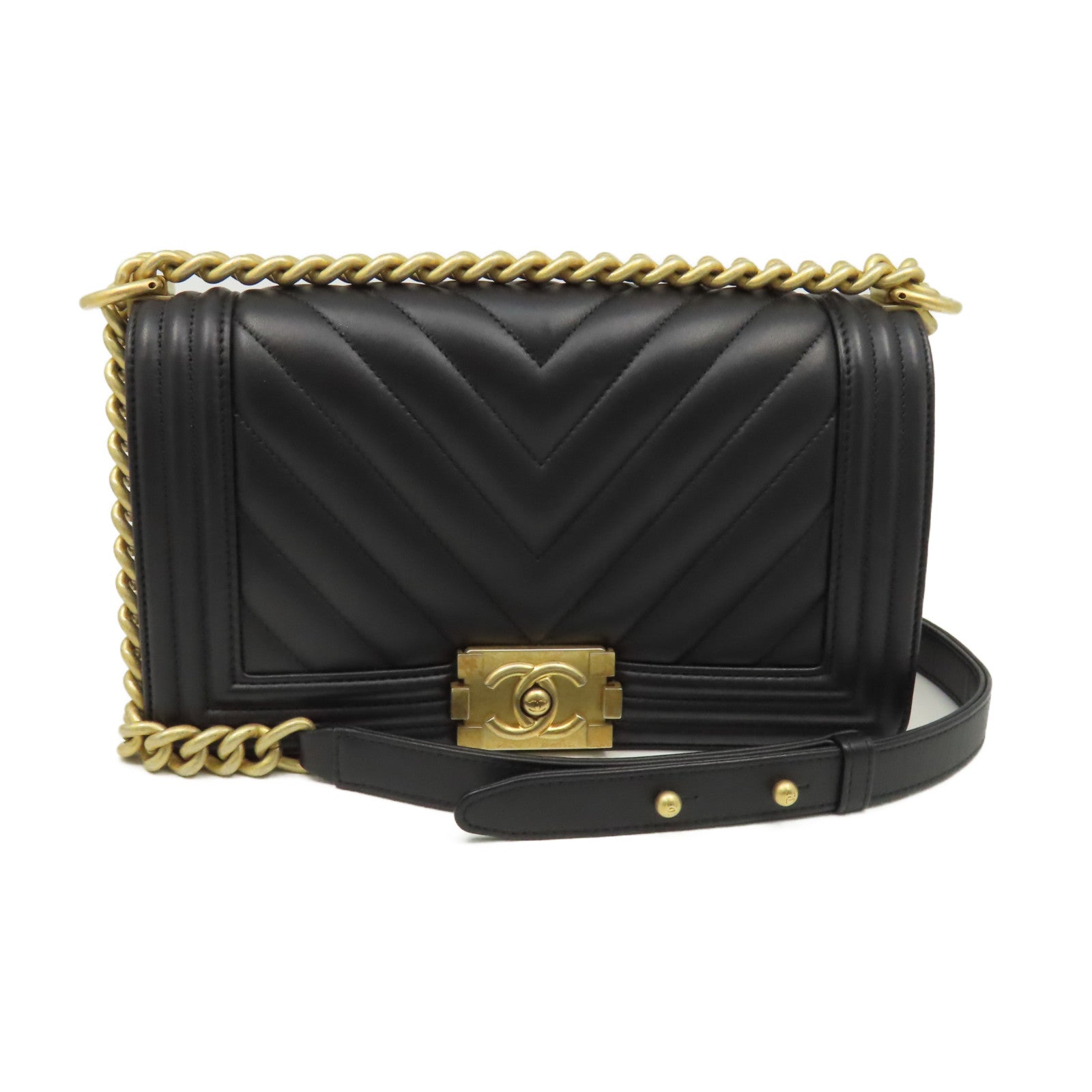 CHANEL 【激減優惠】斜紋羊皮皮革Boy Chanel 25cmShoulder Bag金扣鏈帶肩背袋黑色