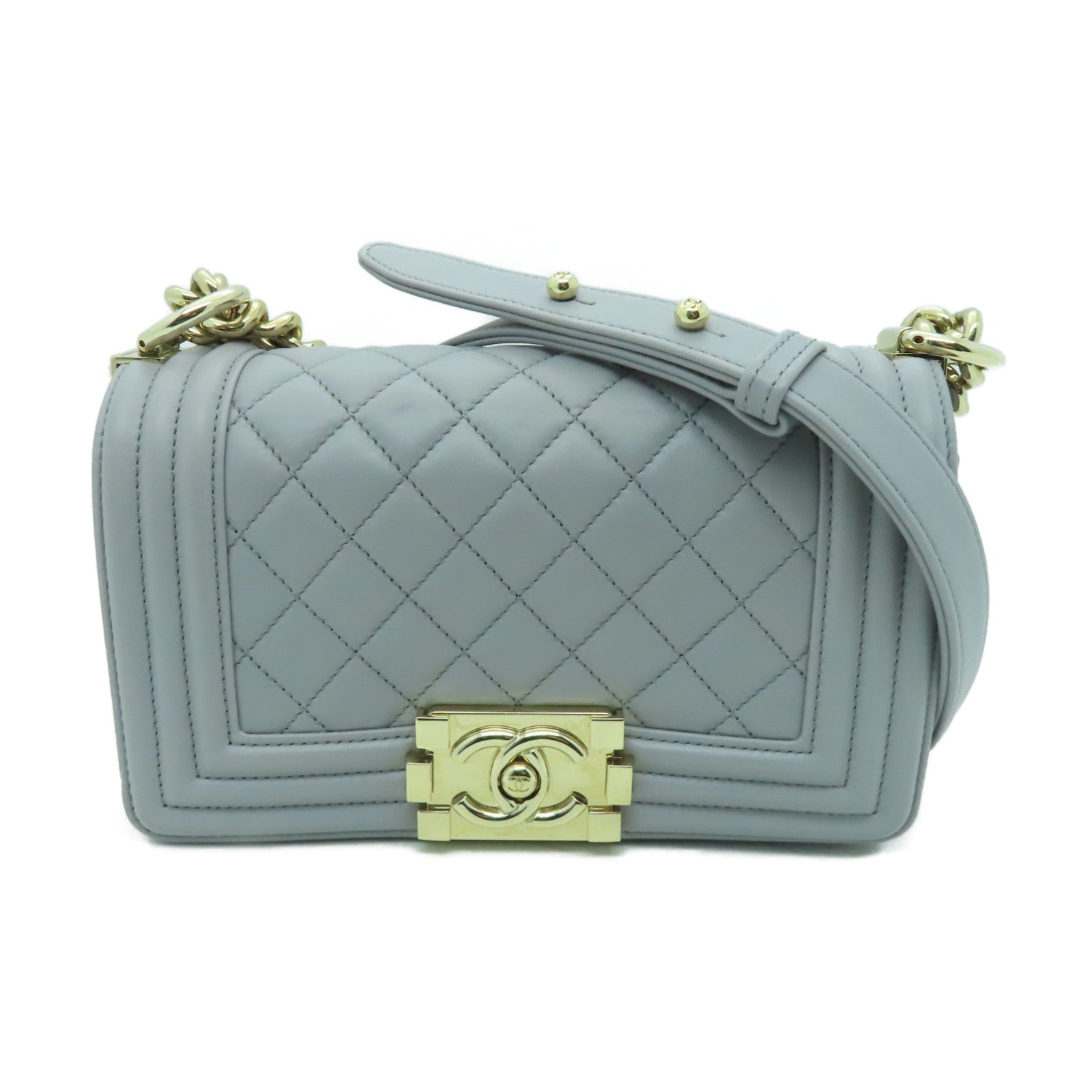 CHANEL 【激減優惠】菱格牛皮皮革Boy Chanel金扣鏈帶肩背袋灰色
