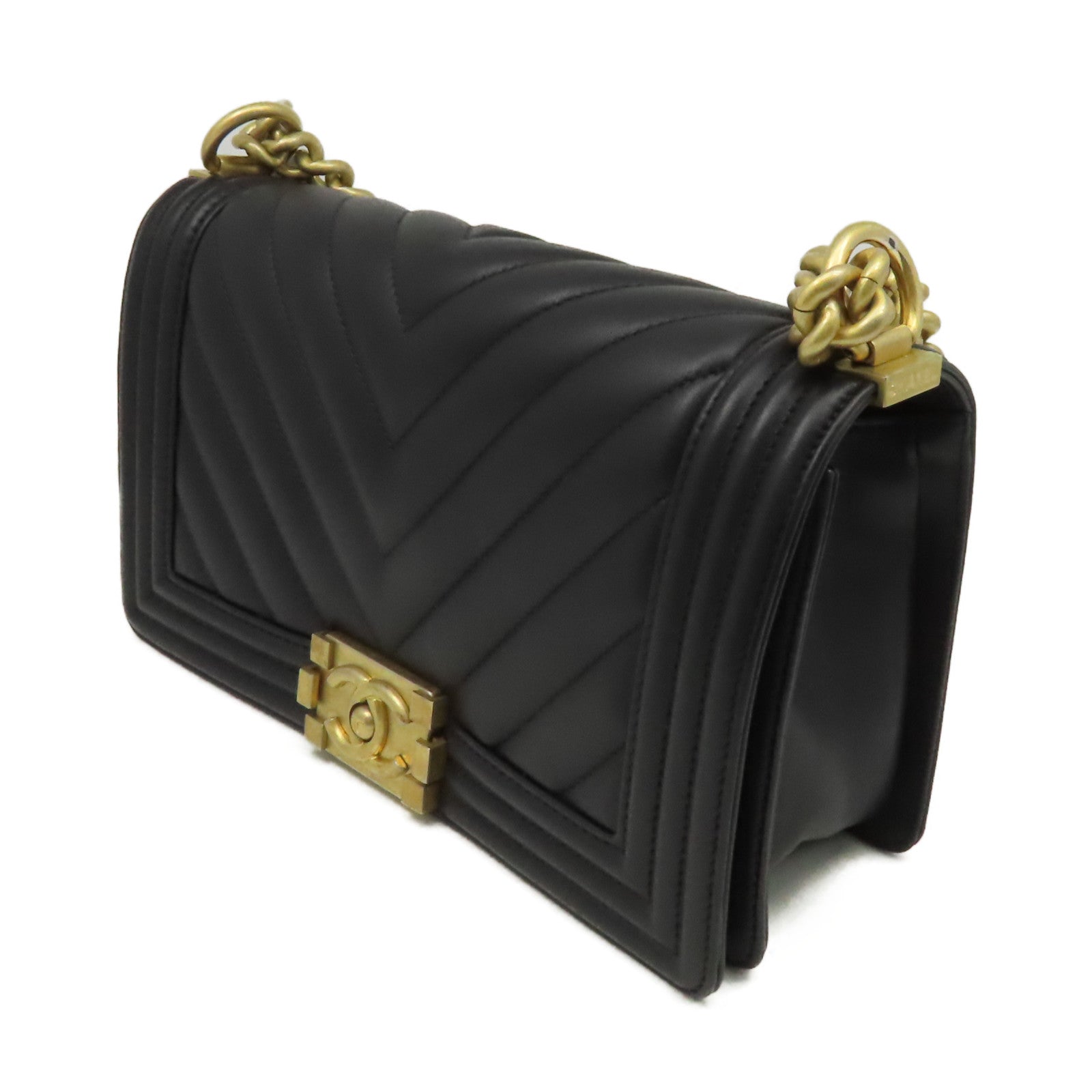 CHANEL 【激減優惠】斜紋羊皮皮革Boy Chanel 25cmShoulder Bag金扣鏈帶肩背袋黑色