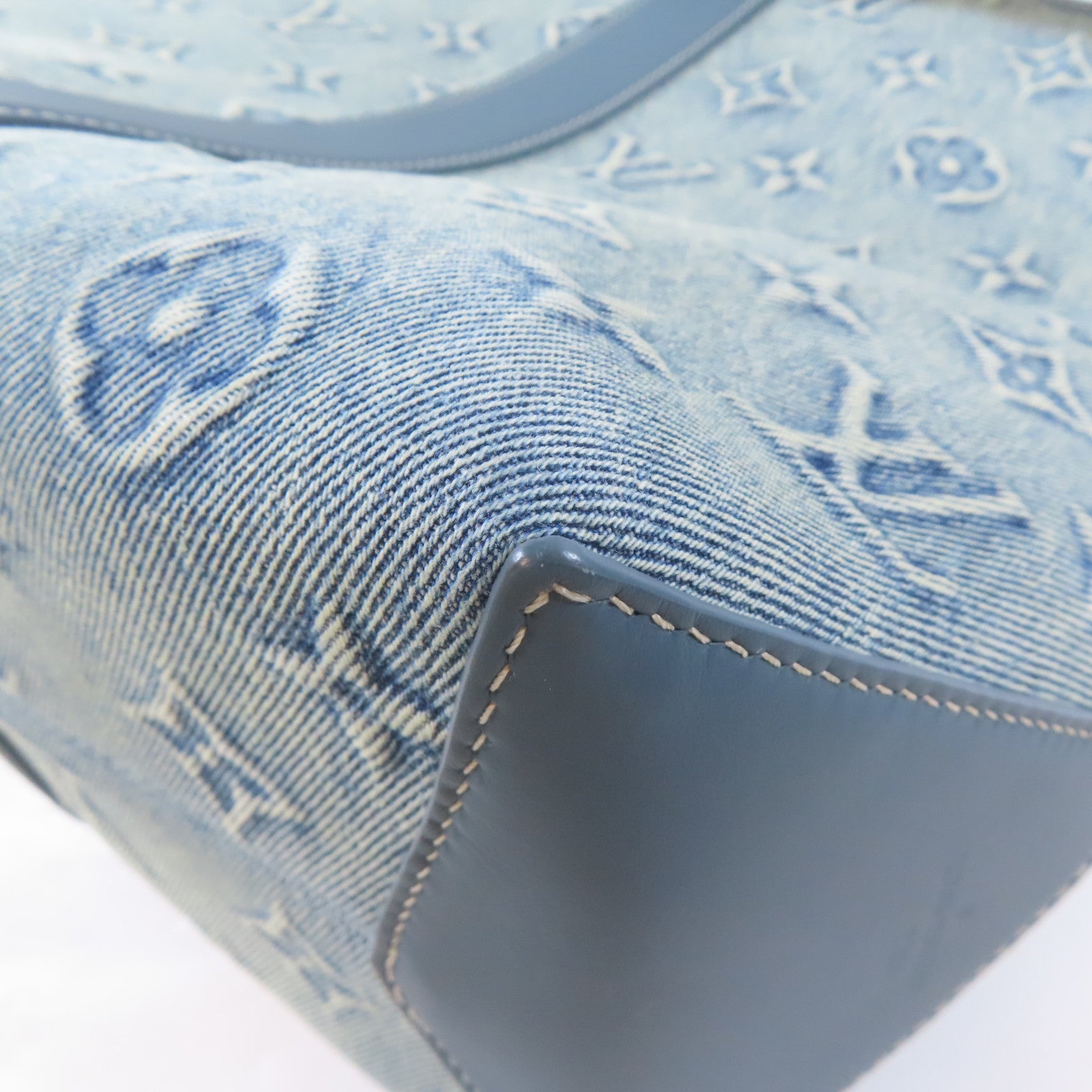 LOUIS VUITTON 牛仔布/皮革Weekend Tote NM銀扣手挽肩背兩用袋藍色