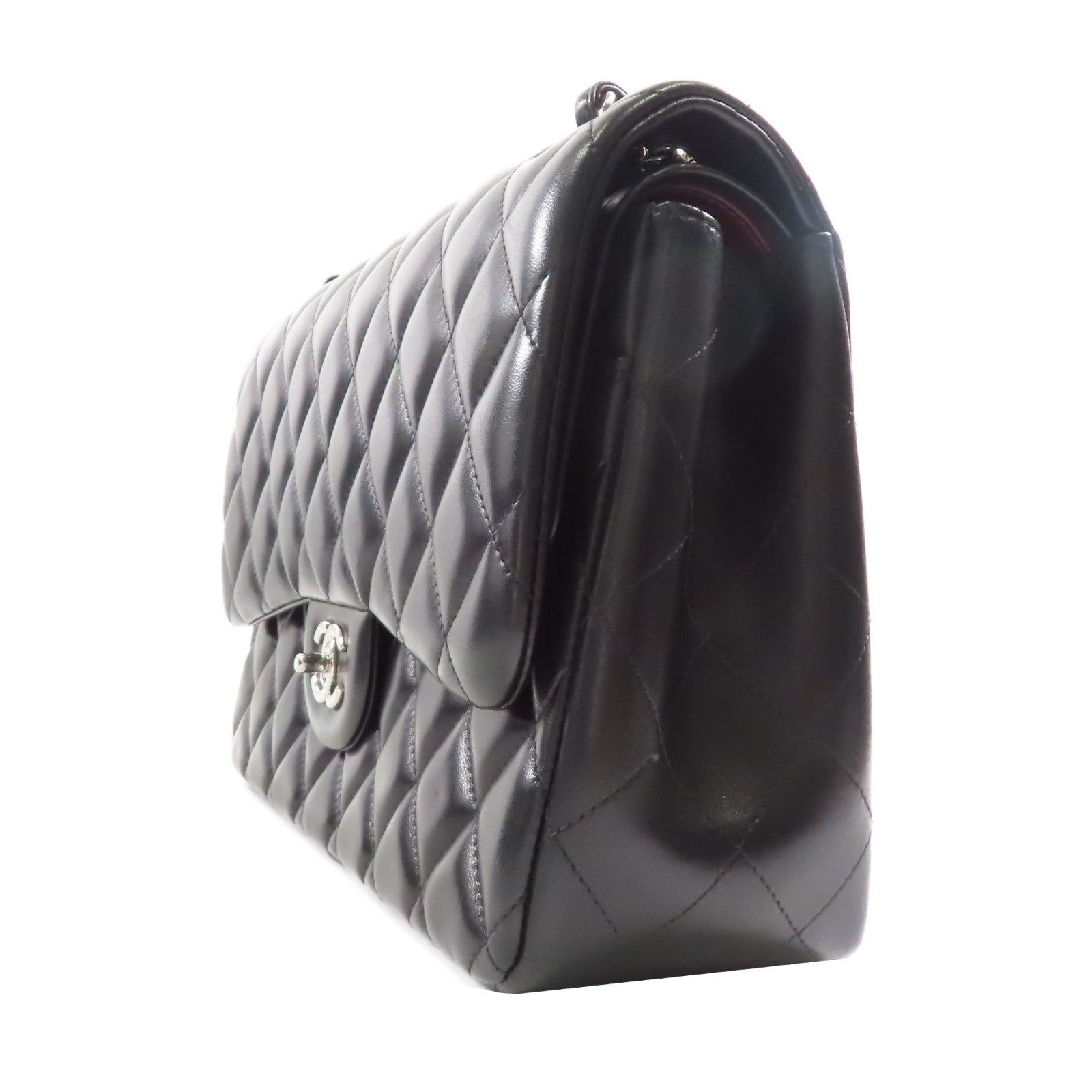 CHANEL 羊皮皮革Large Classic銀扣鏈帶肩背袋黑色