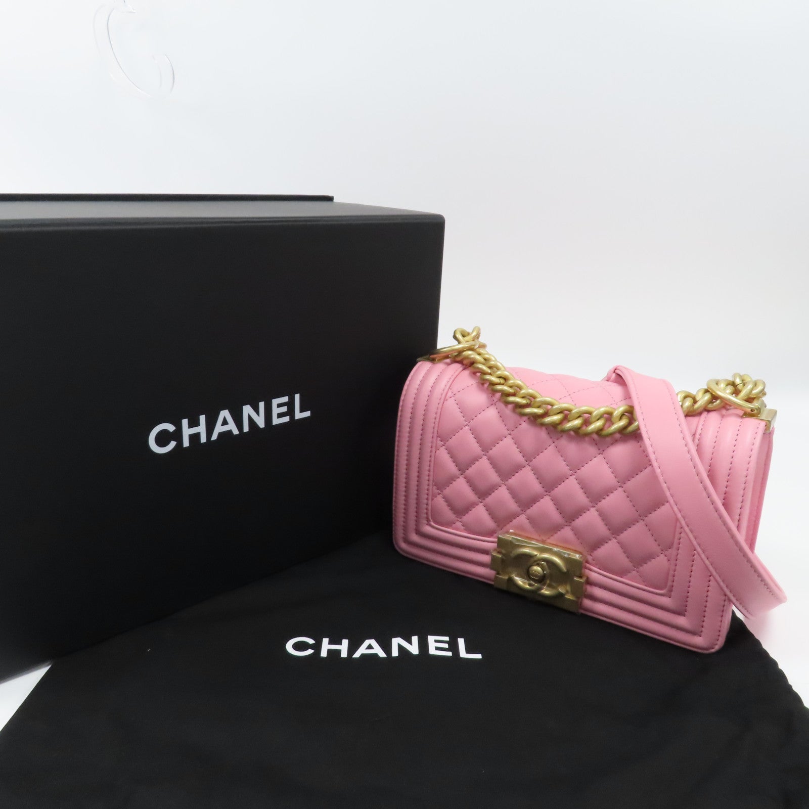 CHANEL 【激減優惠】菱格牛皮皮革Boy 20金扣鏈帶肩背袋粉紅色