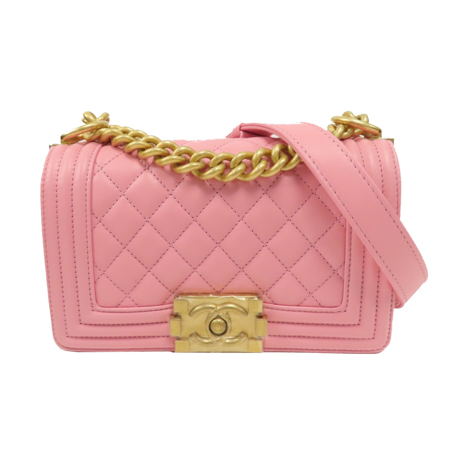 CHANEL 【激減優惠】菱格牛皮皮革Boy 20金扣鏈帶肩背袋粉紅色
