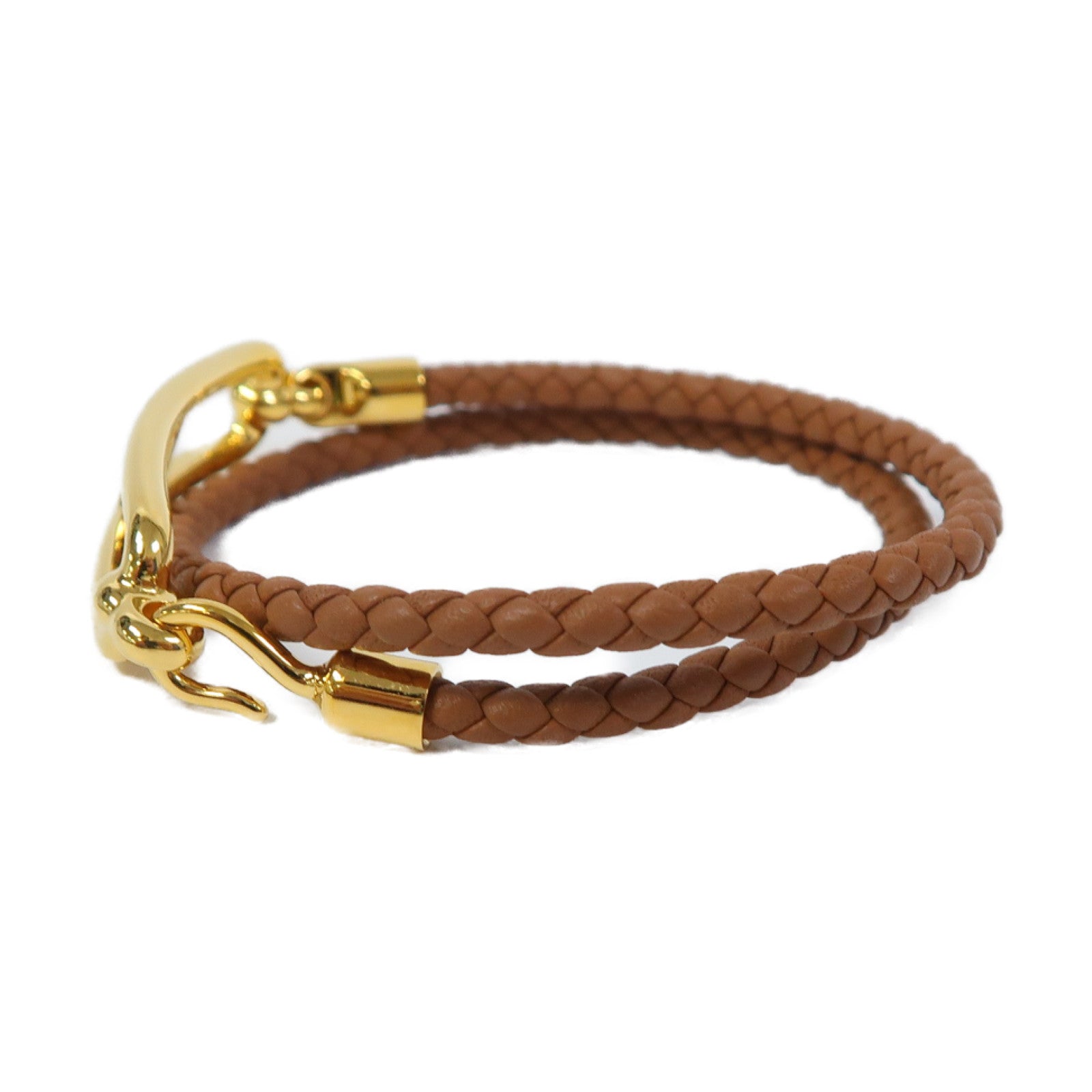 HERMES 皮革Roulis Double金扣手鐲經典駝色