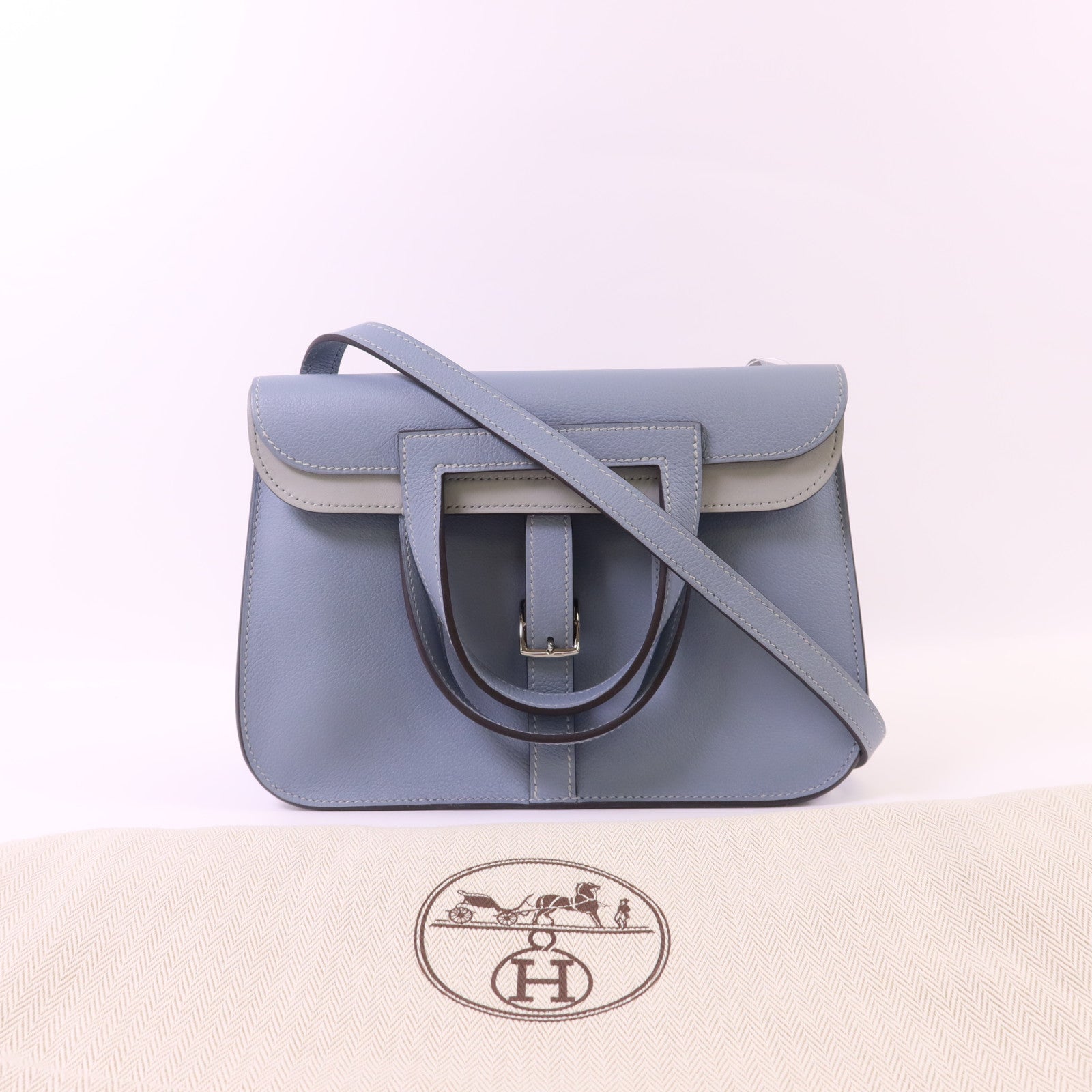HERMES Evercolor皮革/Swift皮革Halzan 25銀扣手挽肩背兩用袋Bleu Lin/Gris Perle