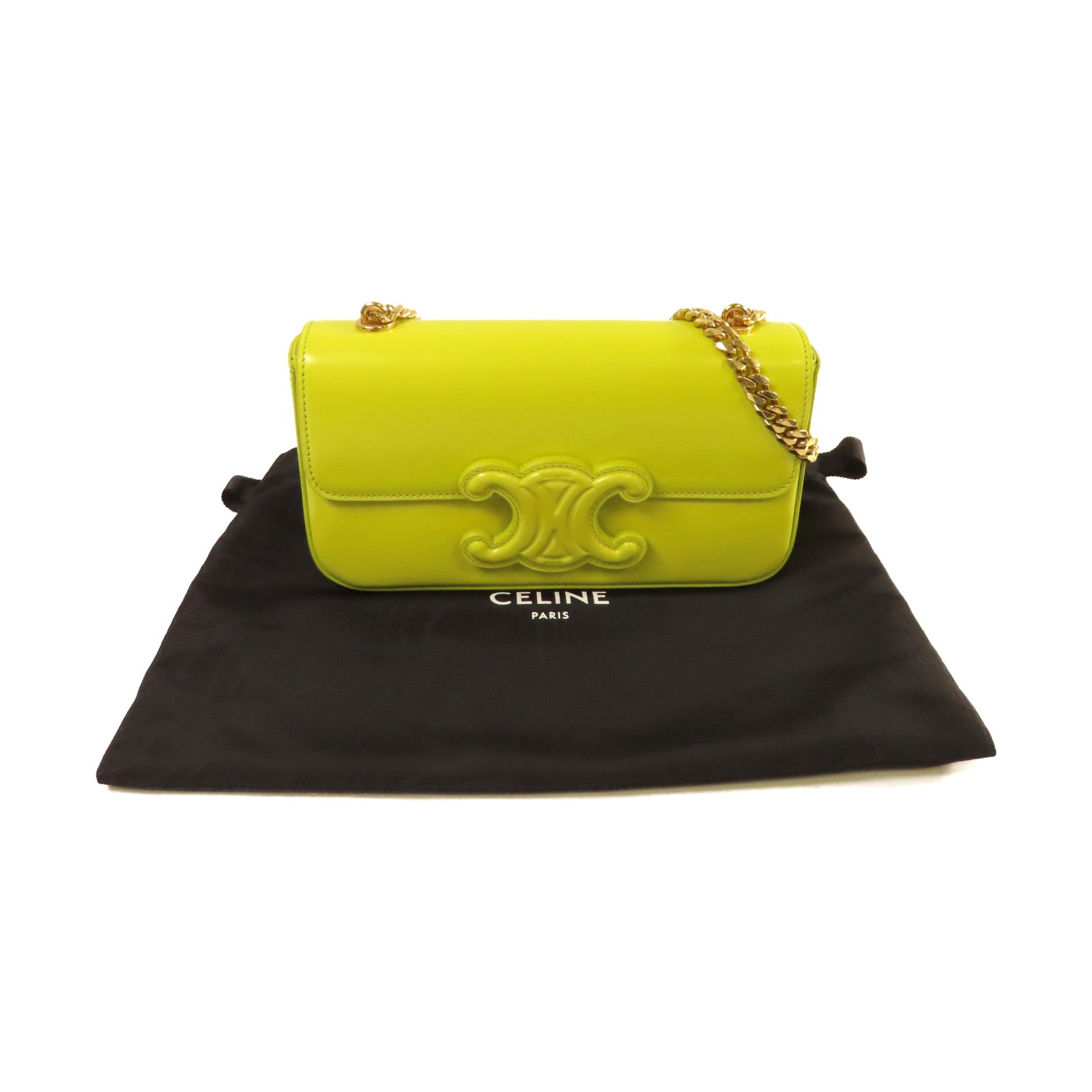 CELINE 牛皮皮革Claude Chain Shoulder Bag金扣肩背袋青黃色