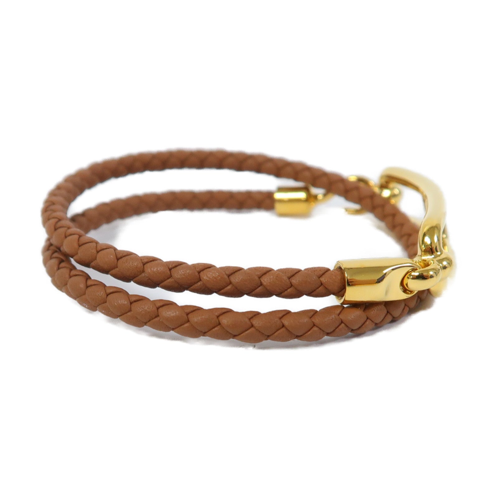 HERMES 皮革Roulis Double金扣手鐲經典駝色