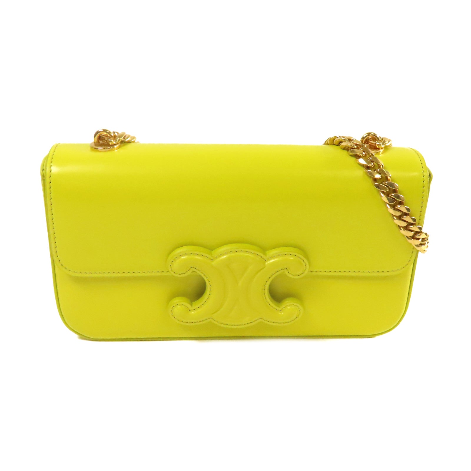 CELINE 牛皮皮革Claude Chain Shoulder Bag金扣肩背袋青黃色