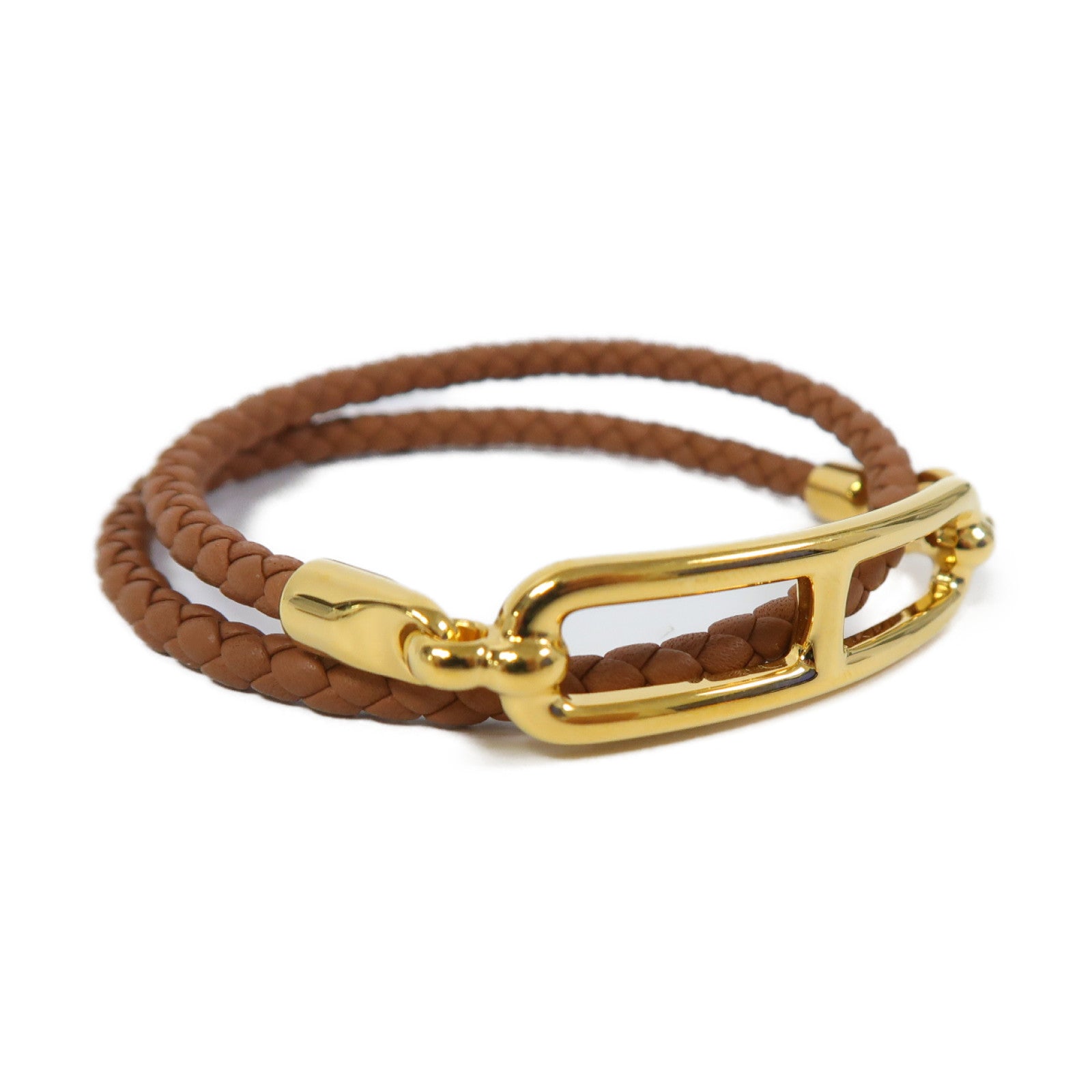 HERMES 皮革Roulis Double金扣手鐲經典駝色