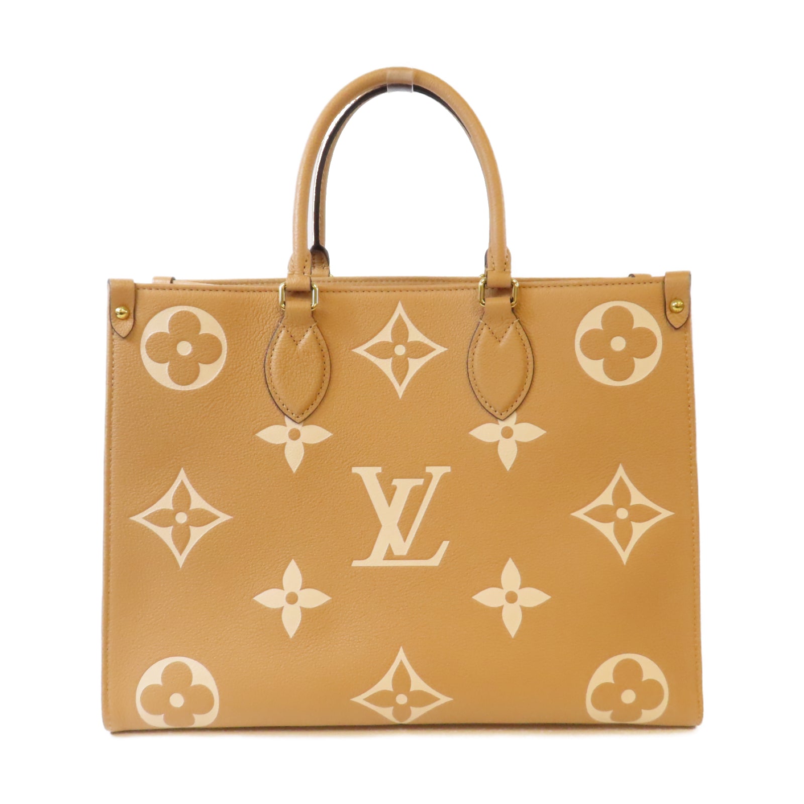 LOUIS VUITTON Monogram Empreinte On The Go MM金扣手挽肩背兩用袋駝色