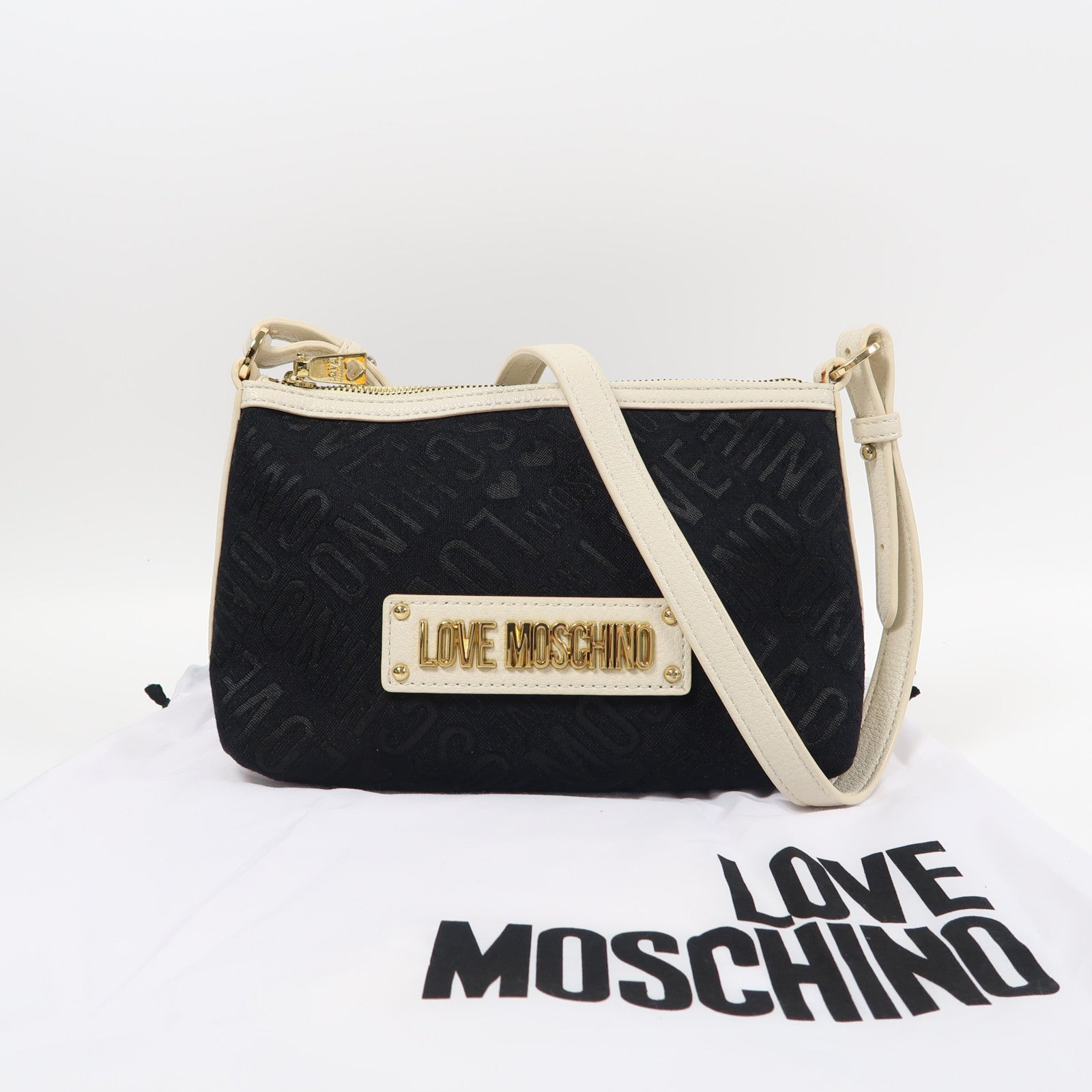 MOSCHINO 帆布Shoulder Bag金扣肩背袋黑色/白色