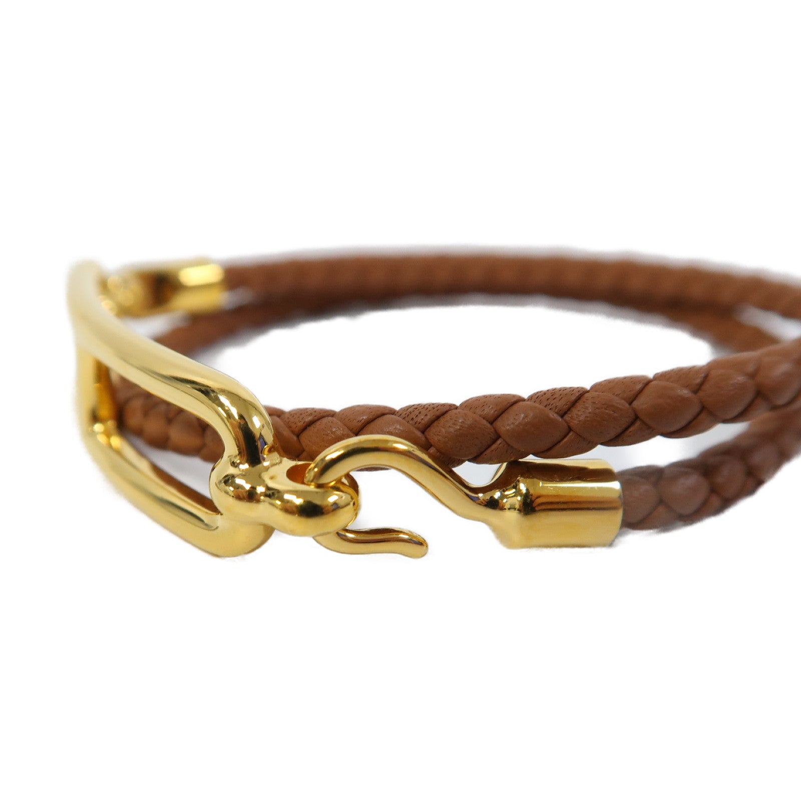 HERMES 皮革Roulis Double金扣手鐲經典駝色