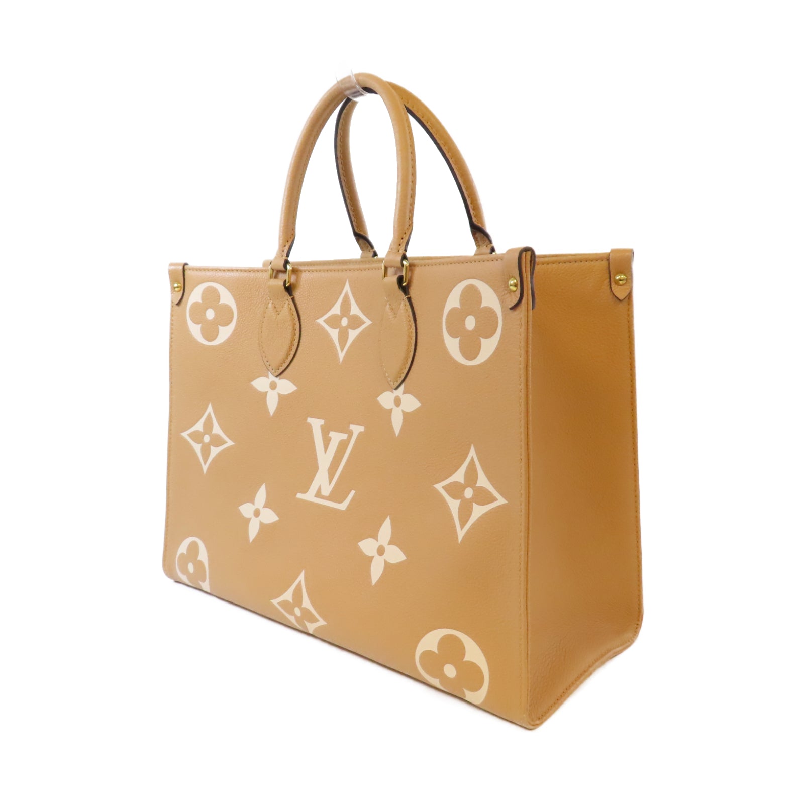 LOUIS VUITTON Monogram Empreinte On The Go MM金扣手挽肩背兩用袋駝色