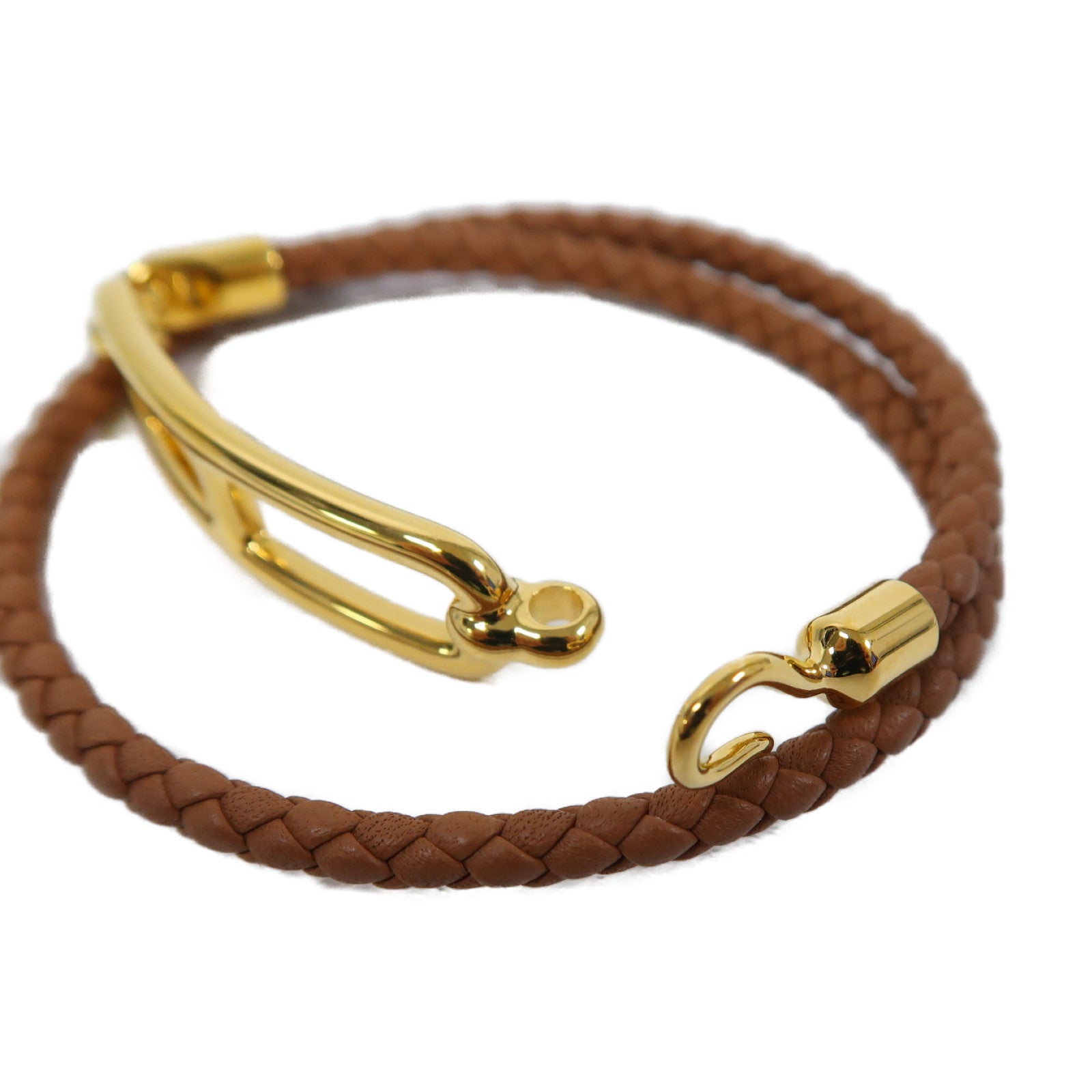 HERMES 皮革Roulis Double金扣手鐲經典駝色