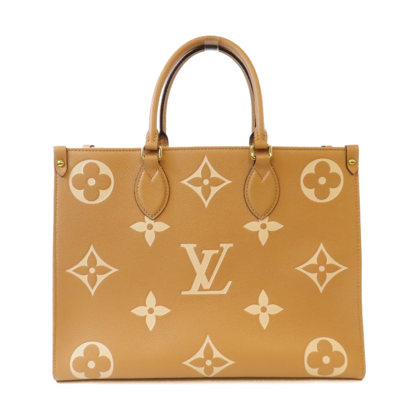 LOUIS VUITTON Monogram Empreinte On The Go MM金扣手挽肩背兩用袋駝色