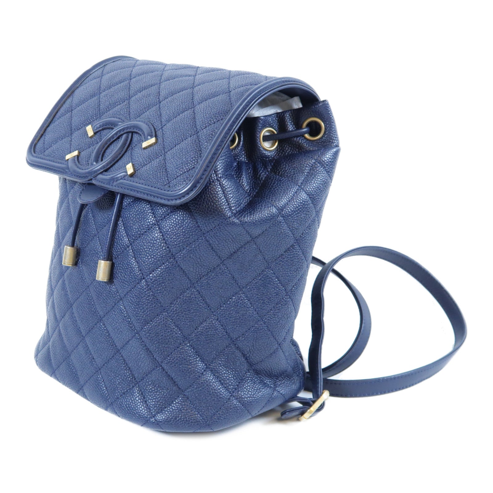 CHANEL 【激減優惠】菱格Caviar皮革Backpack金扣鏈帶背包藍色