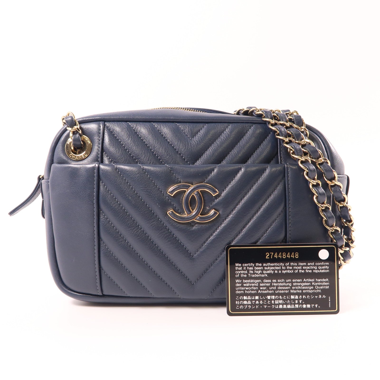 CHANEL 牛皮皮革Chain Shoulder金扣鏈帶肩背袋深藍色