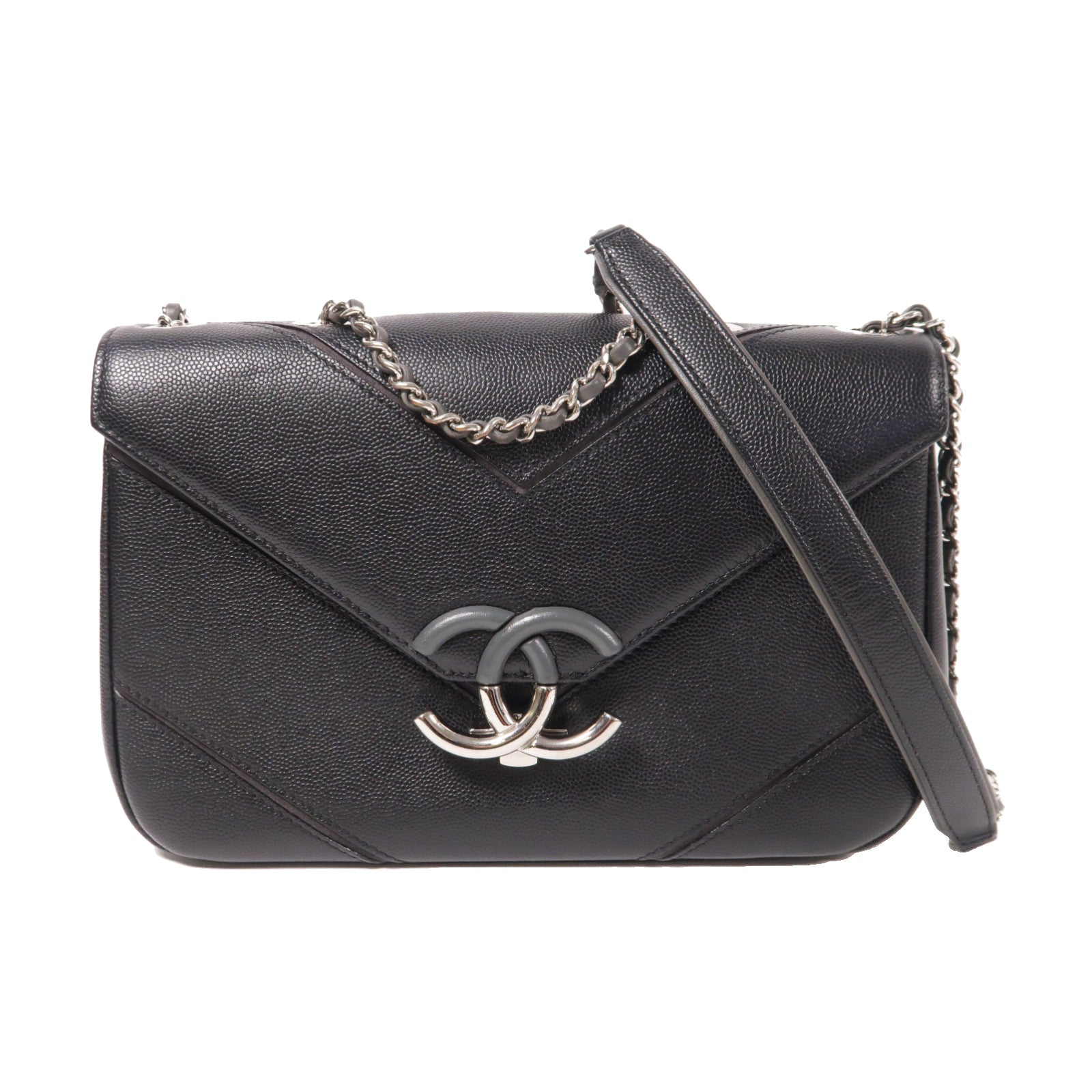 CHANEL 菱格牛皮皮革Chain Shoulder Bag銀扣鏈帶肩背袋黑色