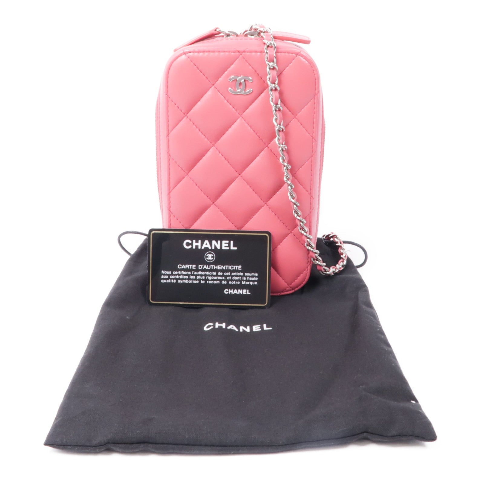 CHANEL 羊皮皮革Phone Holder銀扣鏈帶肩背袋