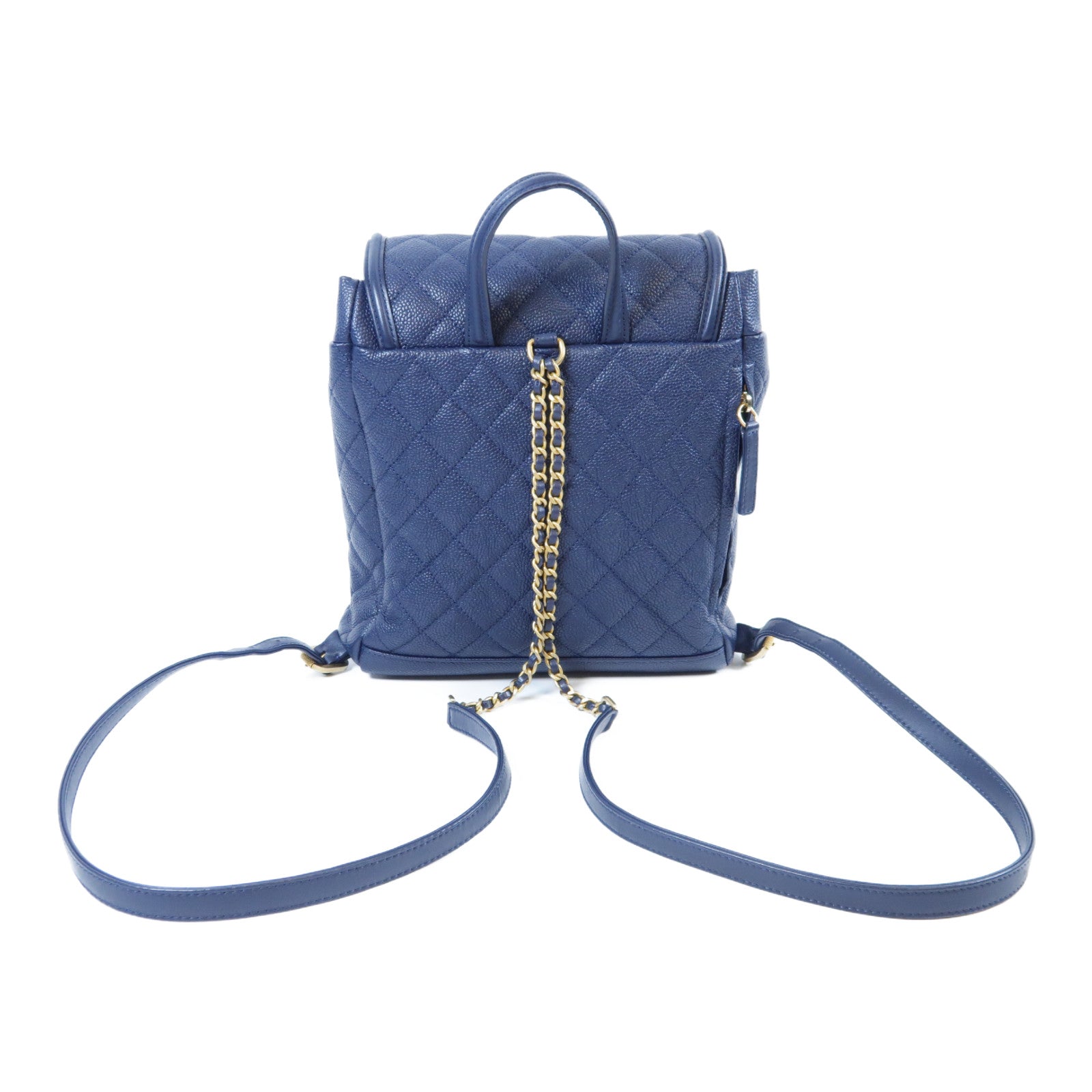 CHANEL 【激減優惠】菱格Caviar皮革Backpack金扣鏈帶背包藍色