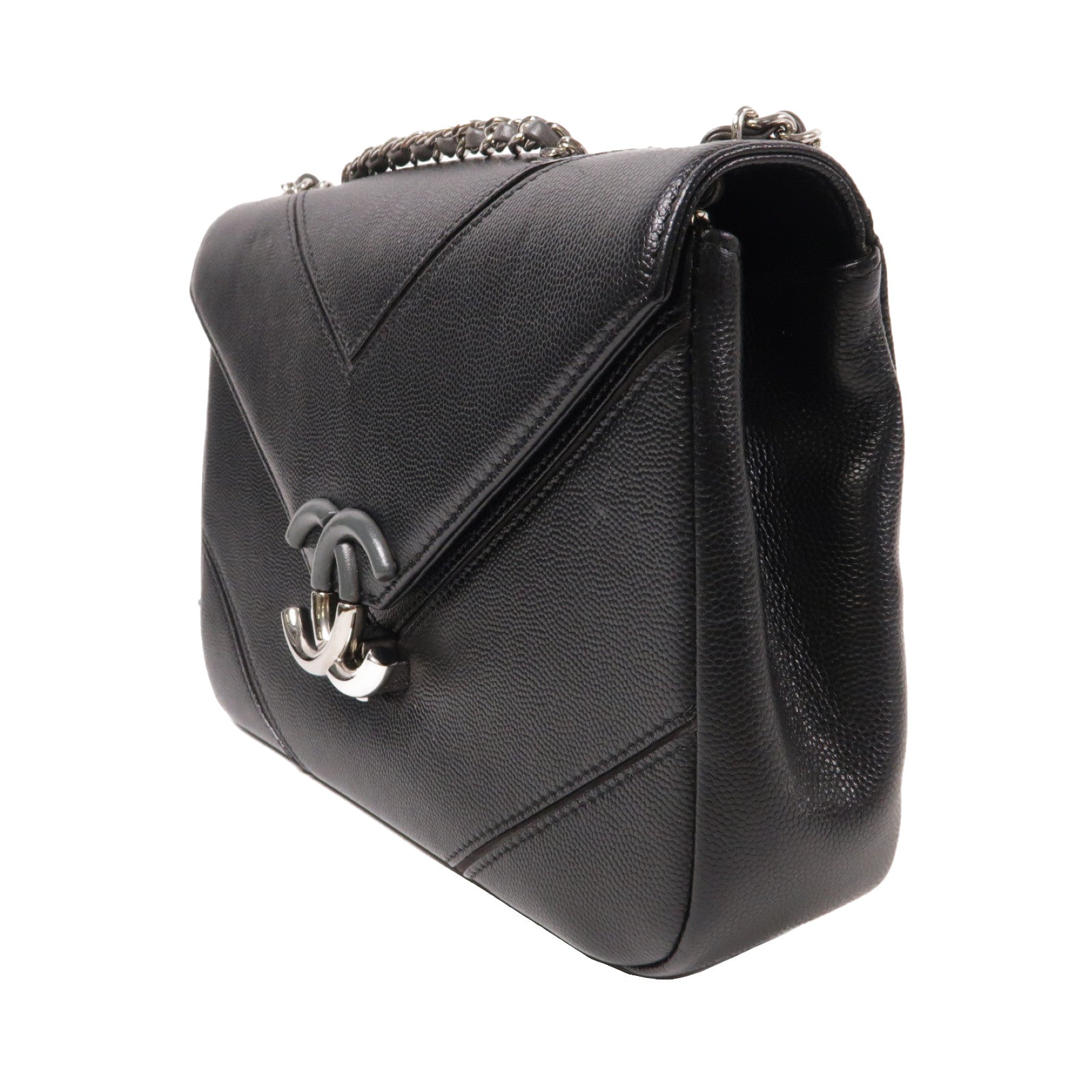 CHANEL 菱格牛皮皮革Chain Shoulder Bag銀扣鏈帶肩背袋黑色