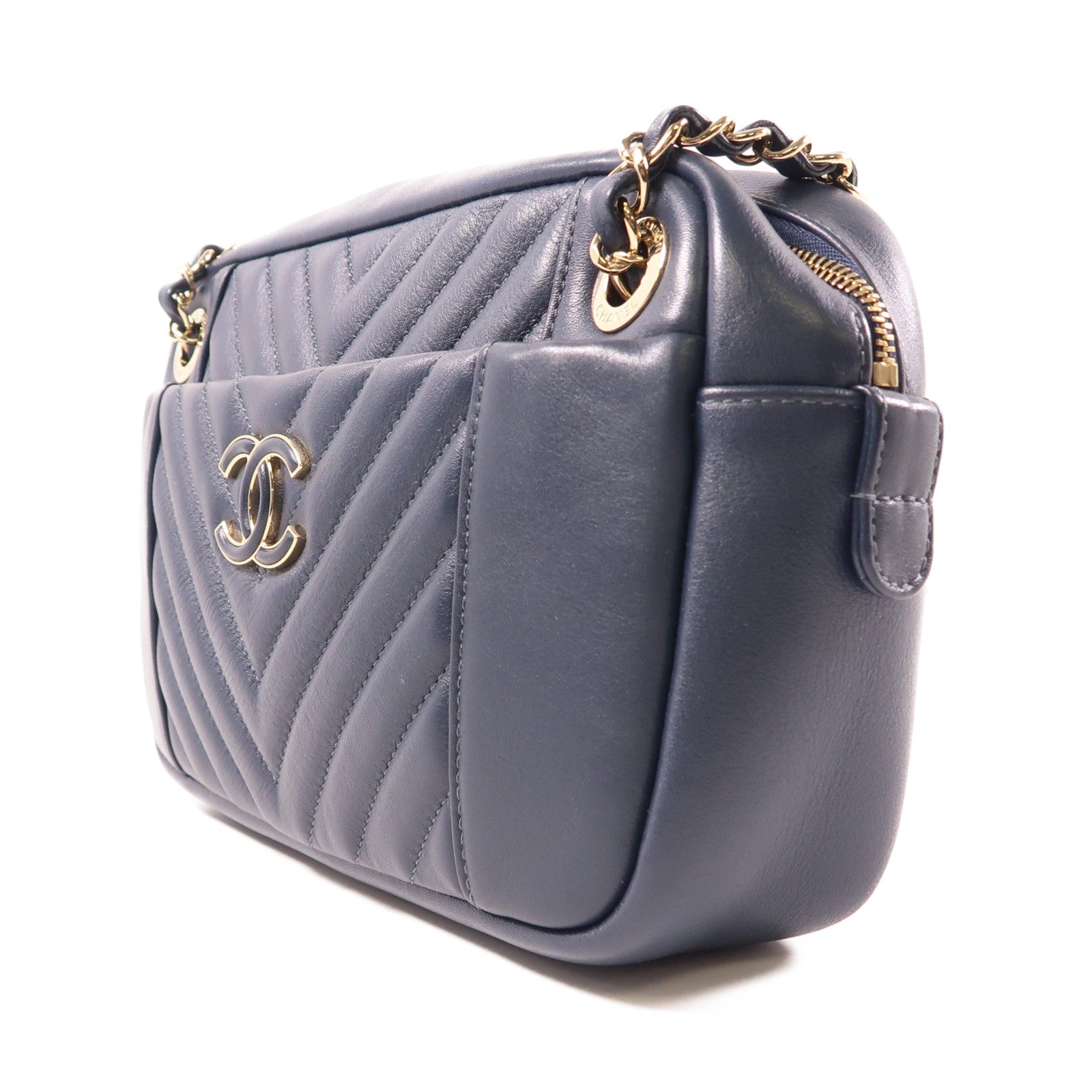CHANEL 牛皮皮革Chain Shoulder金扣鏈帶肩背袋深藍色