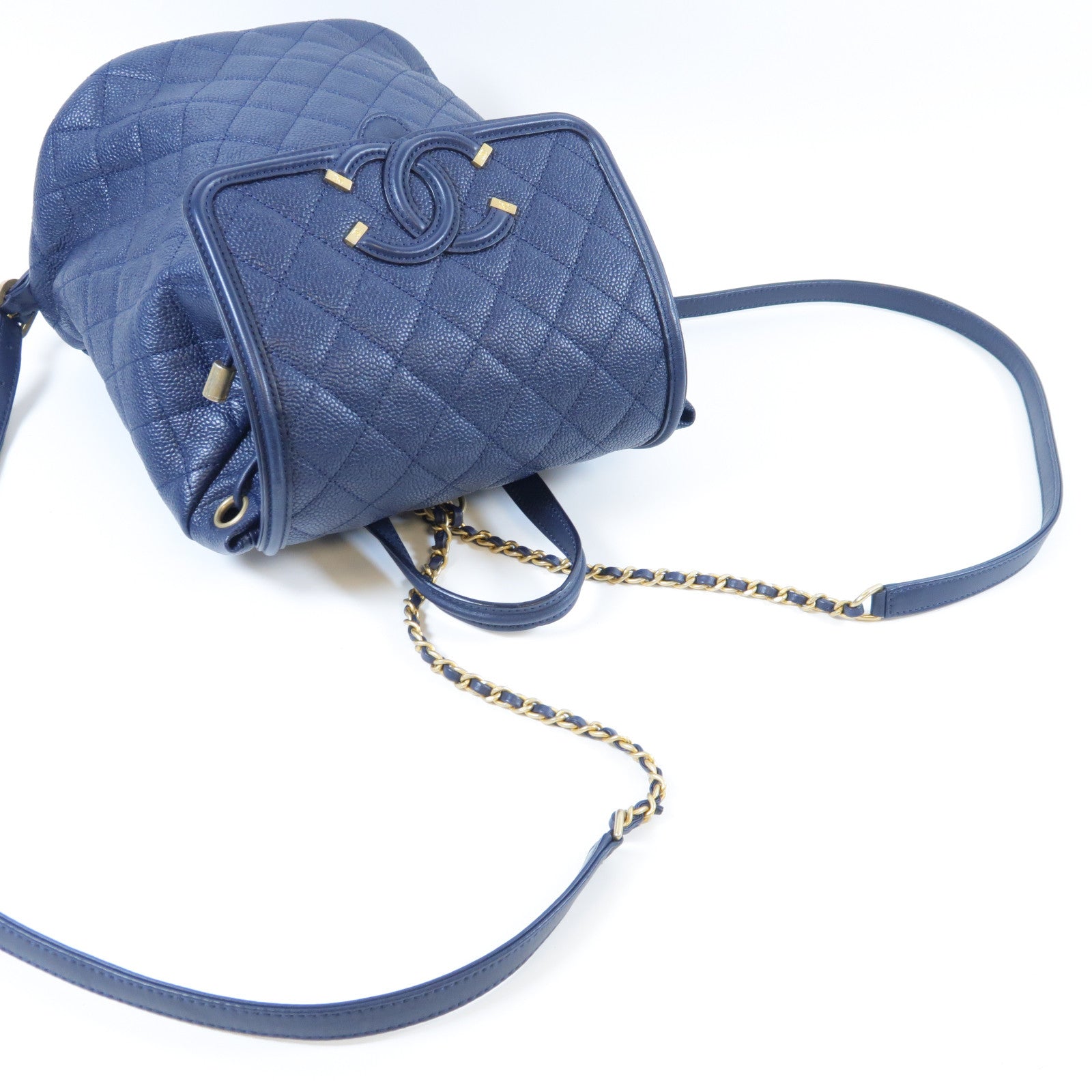 CHANEL 【激減優惠】菱格Caviar皮革Backpack金扣鏈帶背包藍色
