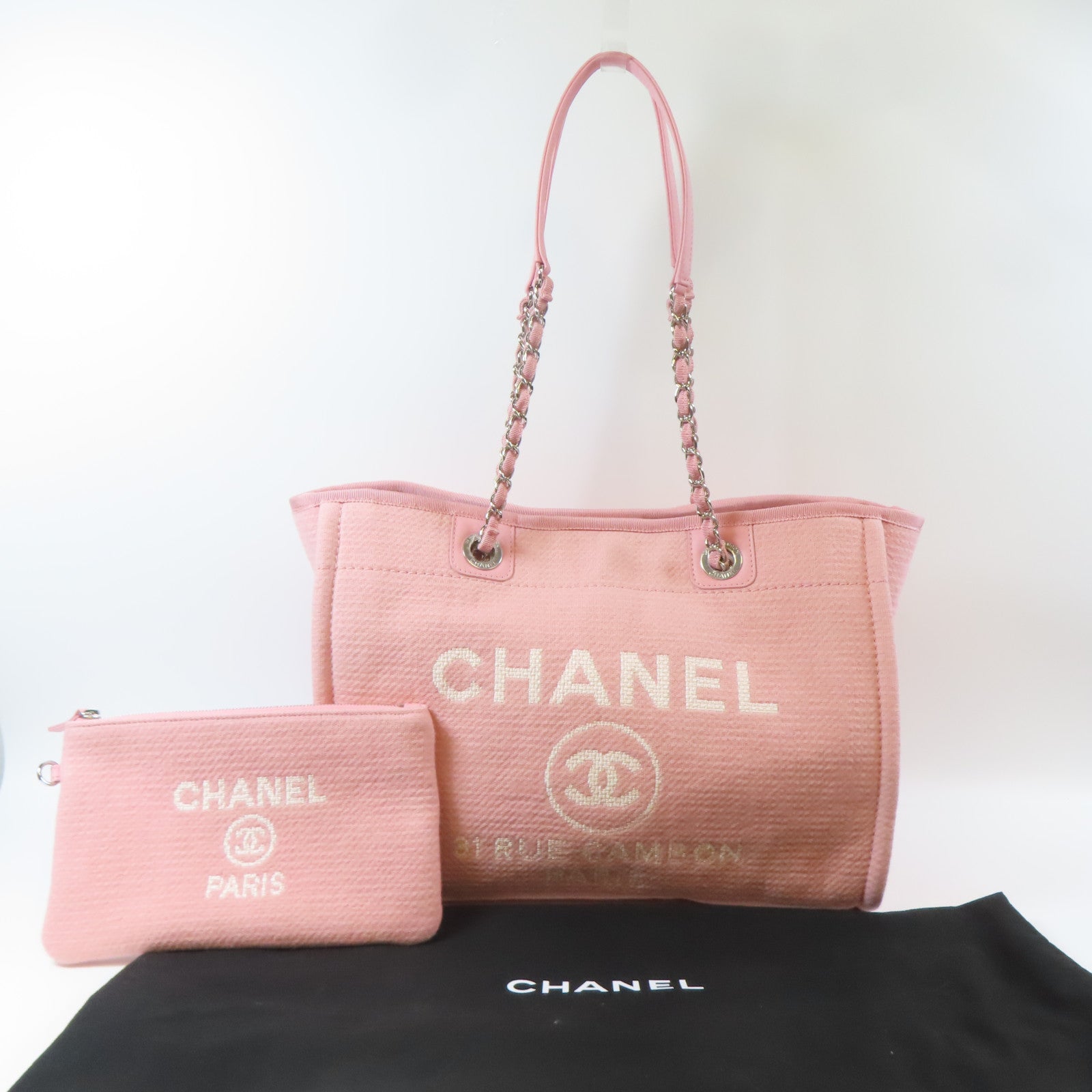 CHANEL 帆布Deauville Tote銀扣鏈帶肩背袋粉紅色