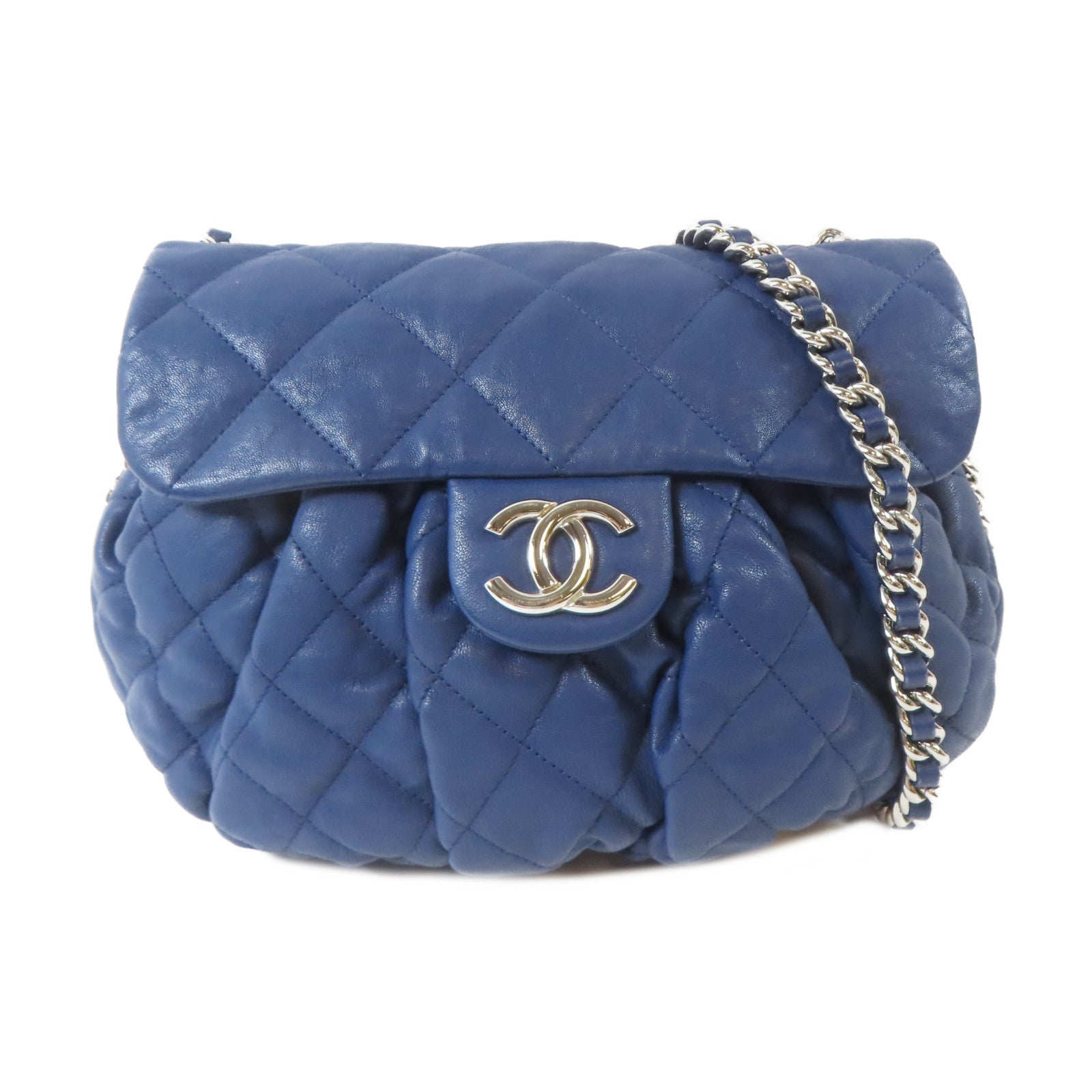CHANEL 菱格牛皮皮革Chain Shoulder銀扣鏈帶肩背袋藍色