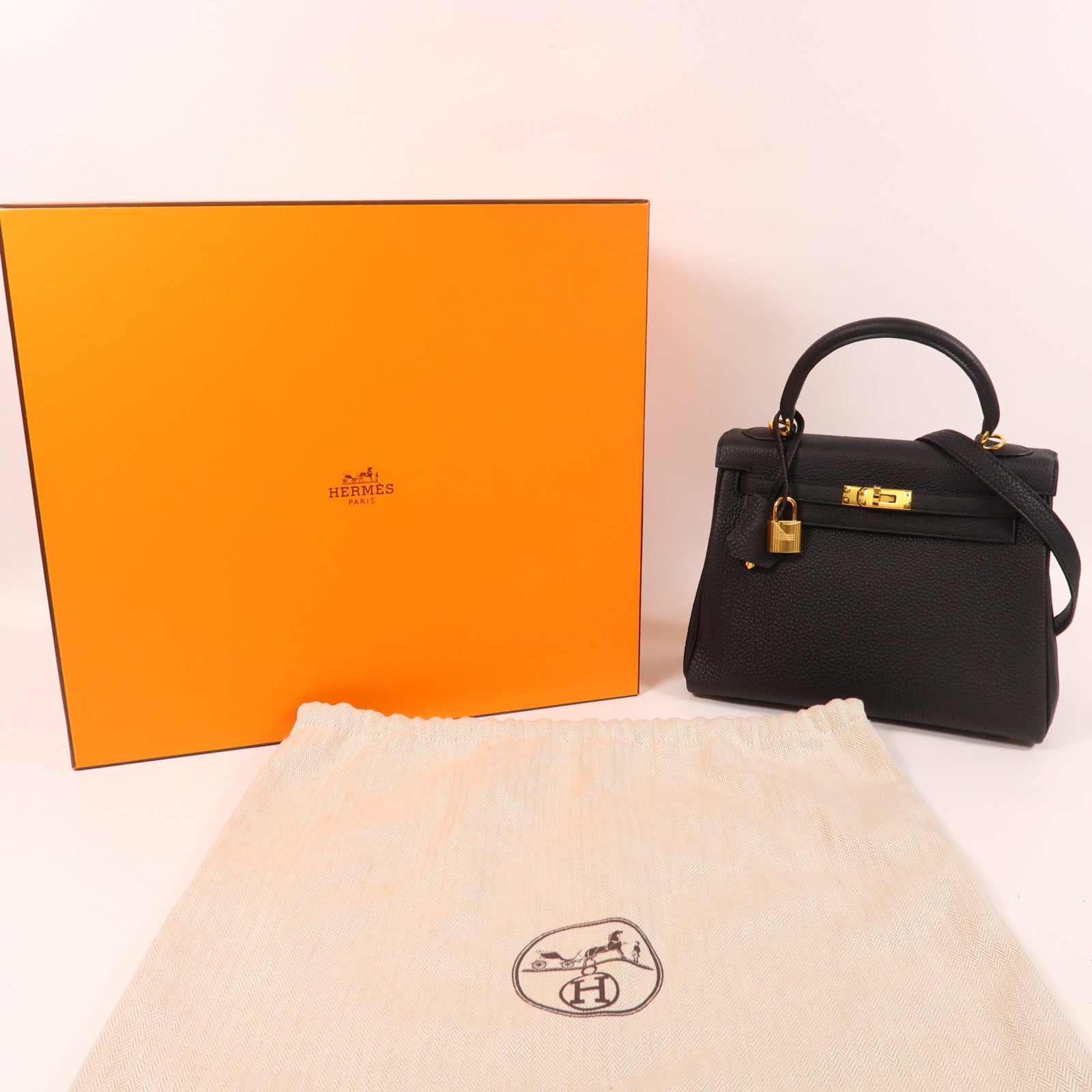 HERMES Togo皮革Kelly 25金扣手挽肩背兩用袋黑色