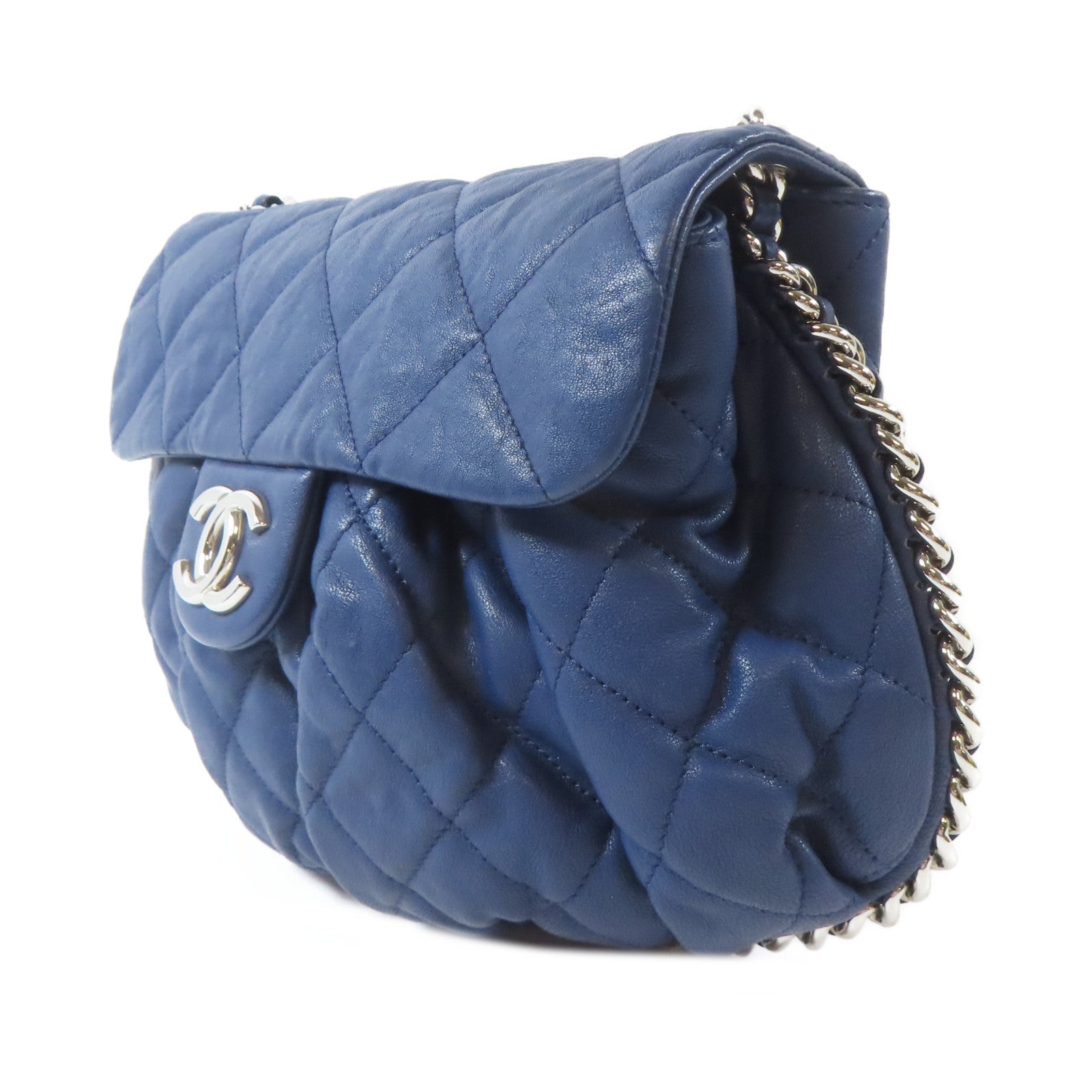 CHANEL 菱格牛皮皮革Chain Shoulder銀扣鏈帶肩背袋藍色
