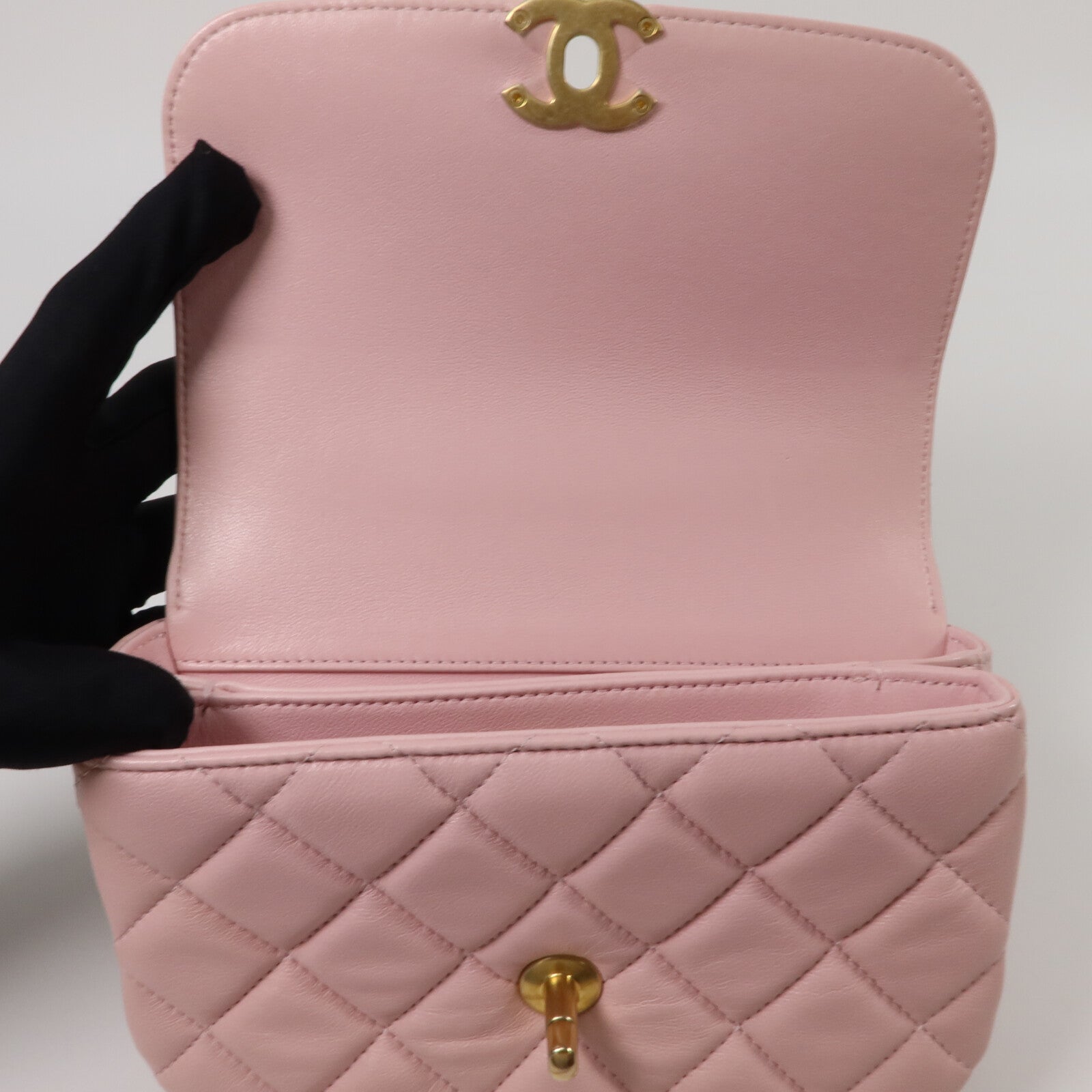 CHANEL 羊皮皮革Mini Handle Flap Bag鏈帶手挽肩背兩用袋