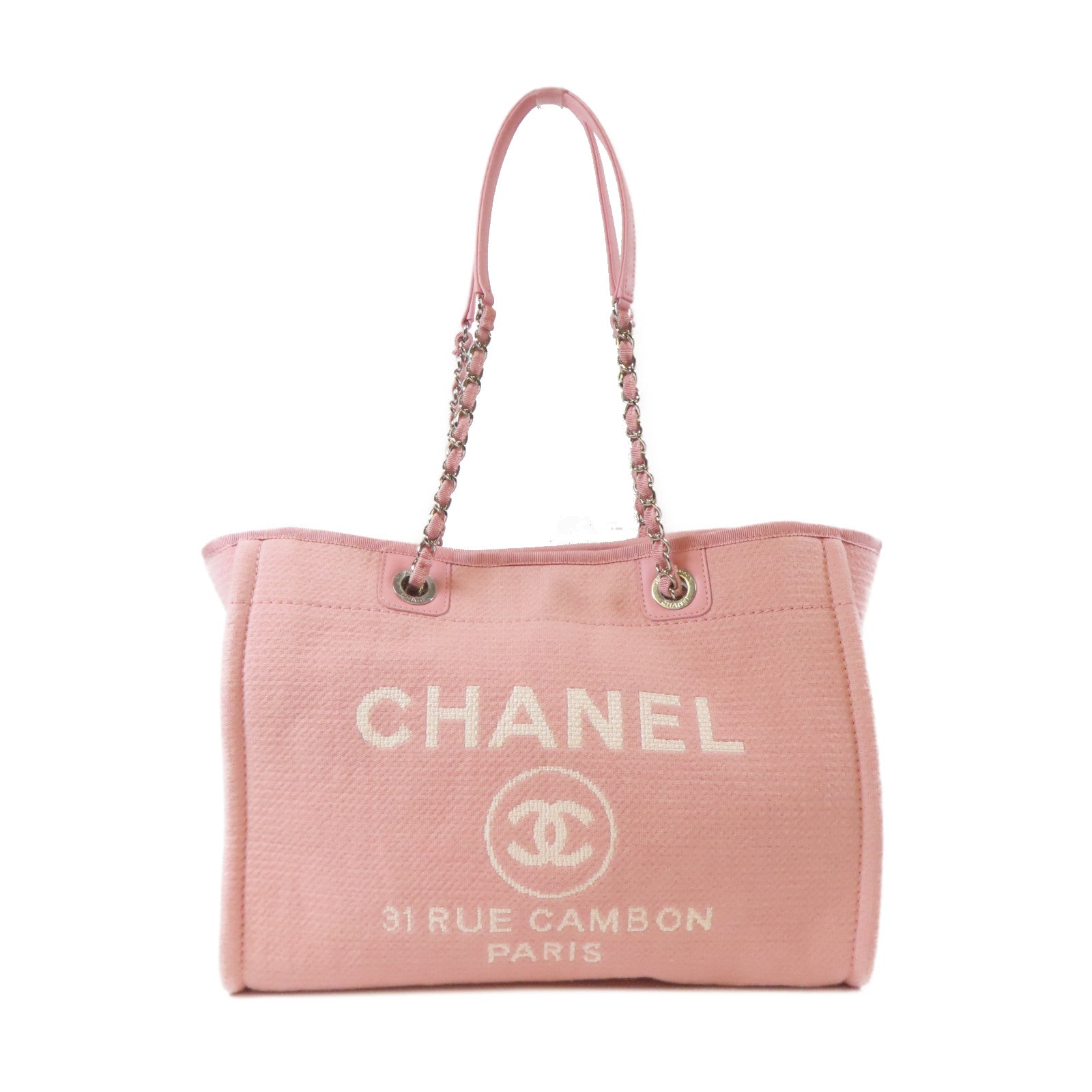 CHANEL 帆布Deauville Tote銀扣鏈帶肩背袋粉紅色