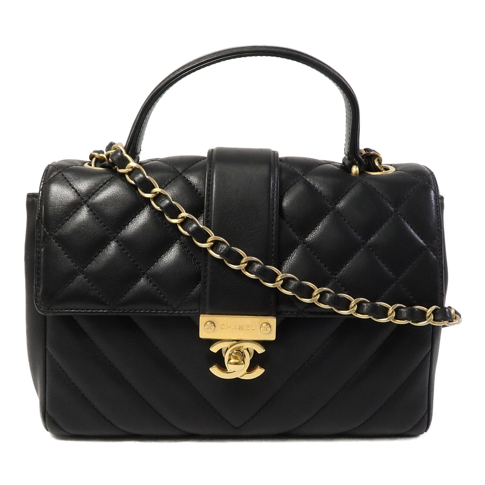 CHANEL 牛皮皮革Top Handle Flap鏈帶手挽肩背兩用袋