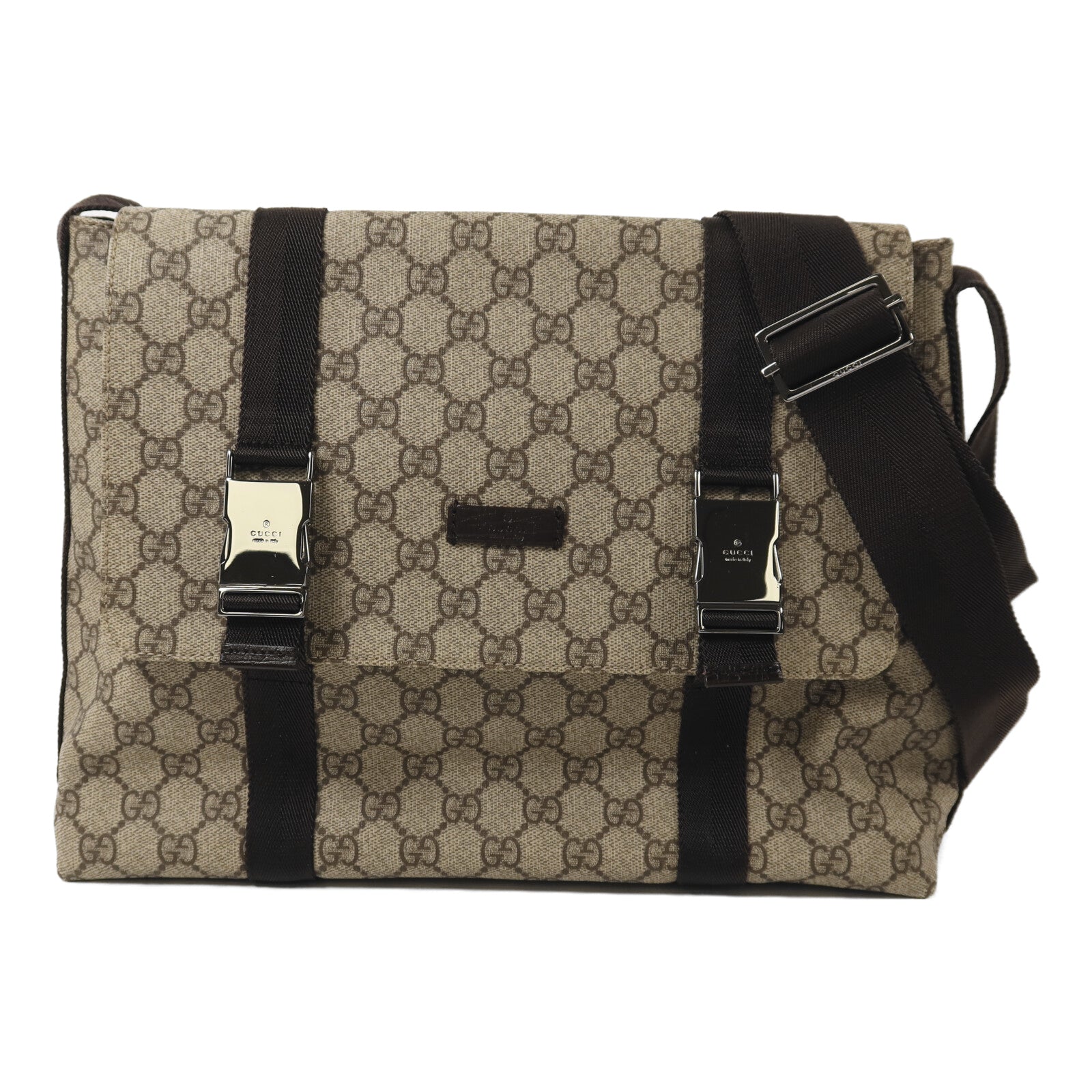 GUCCI 塗層帆布GG Supreme銀扣肩背袋