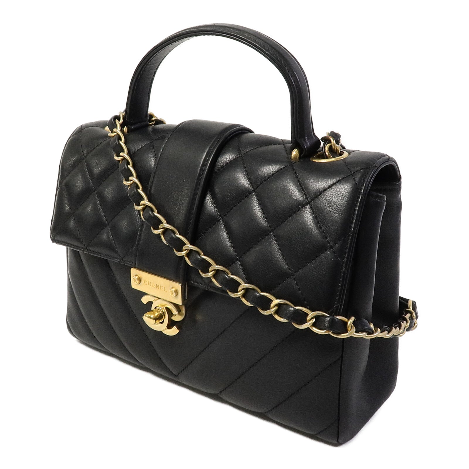 CHANEL 牛皮皮革Top Handle Flap鏈帶手挽肩背兩用袋