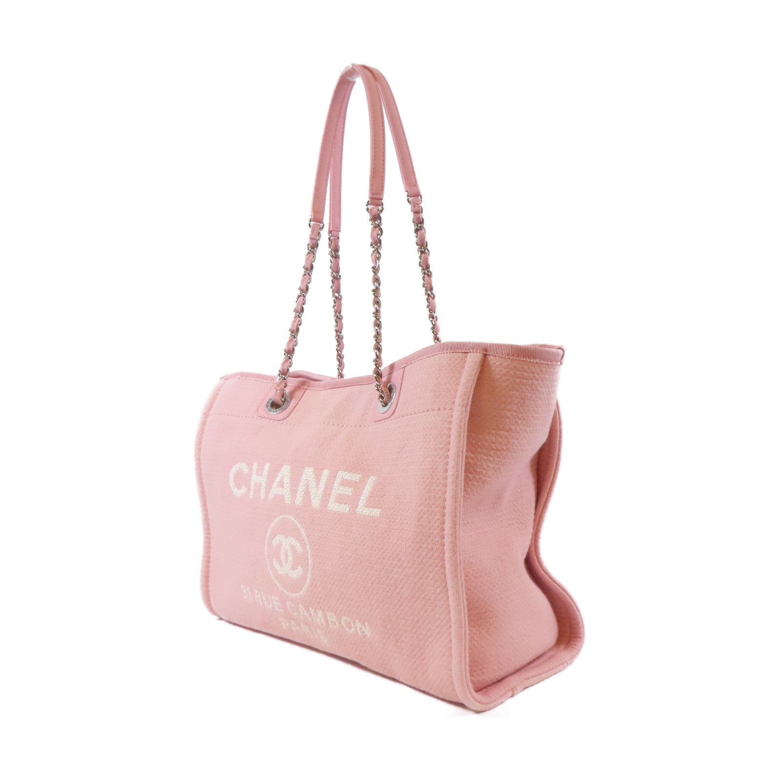CHANEL 帆布Deauville Tote銀扣鏈帶肩背袋粉紅色