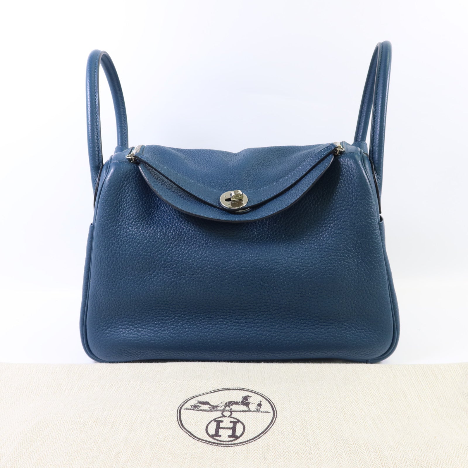 HERMES Clemence皮革Lindy 30銀扣手挽肩背兩用袋Bleu Jean