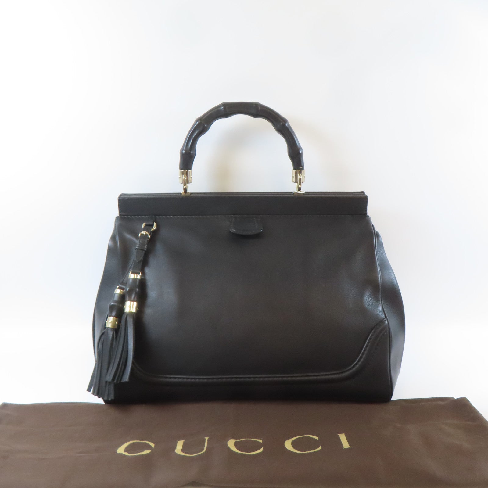 GUCCI 【激減優惠】皮革Bamboo Handbag銀扣手挽袋黑色