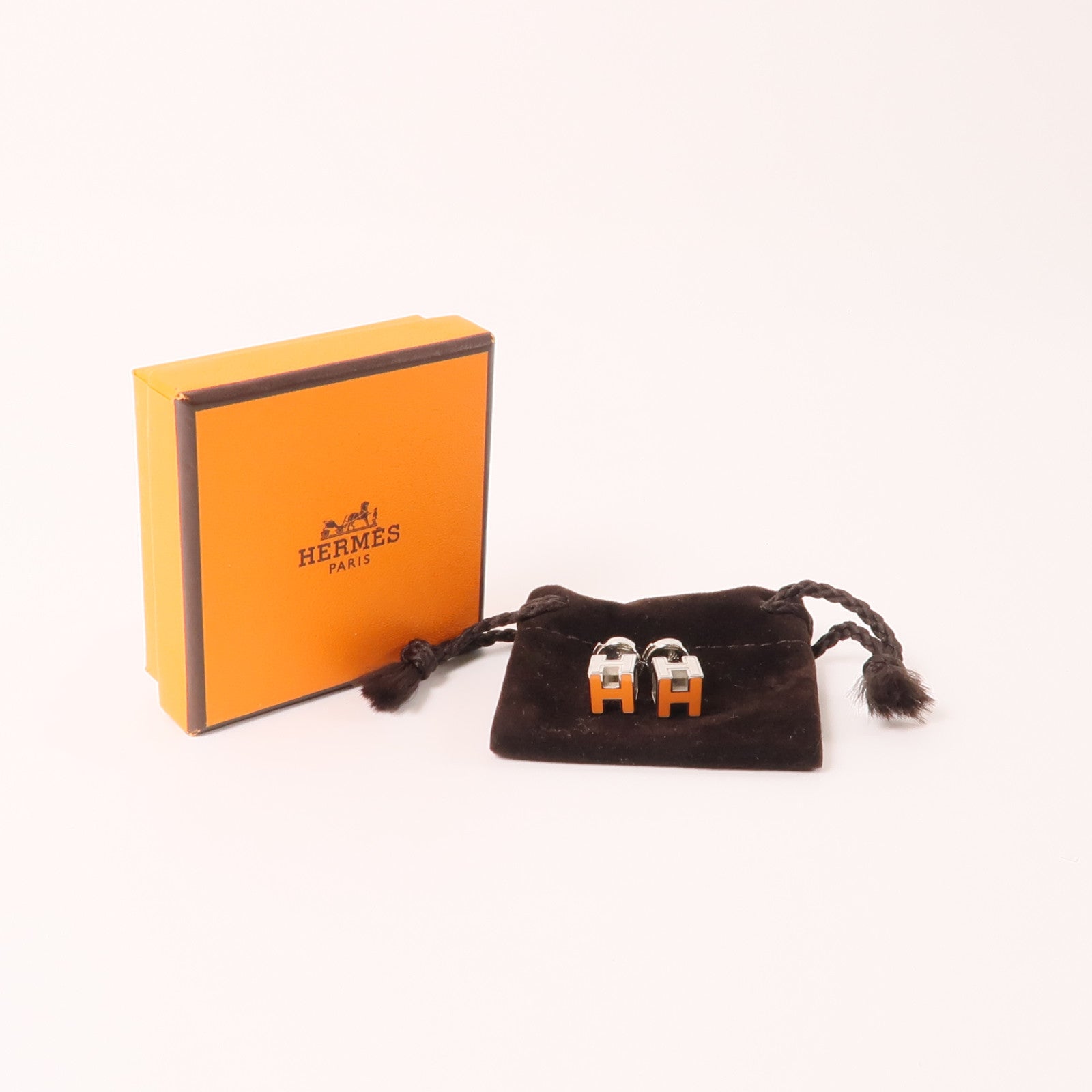 HERMES 金屬H Cube Earrings耳環銀色/橙色
