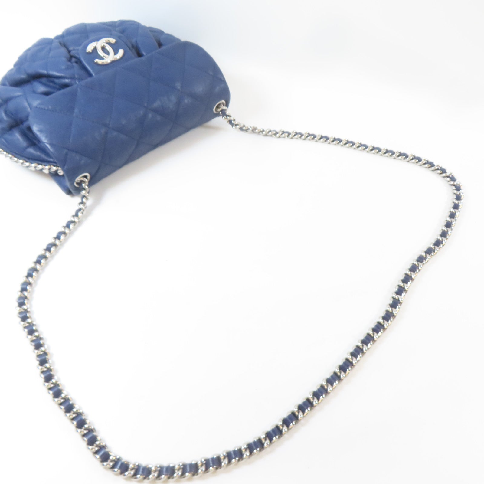 CHANEL 菱格牛皮皮革Chain Shoulder銀扣鏈帶肩背袋藍色