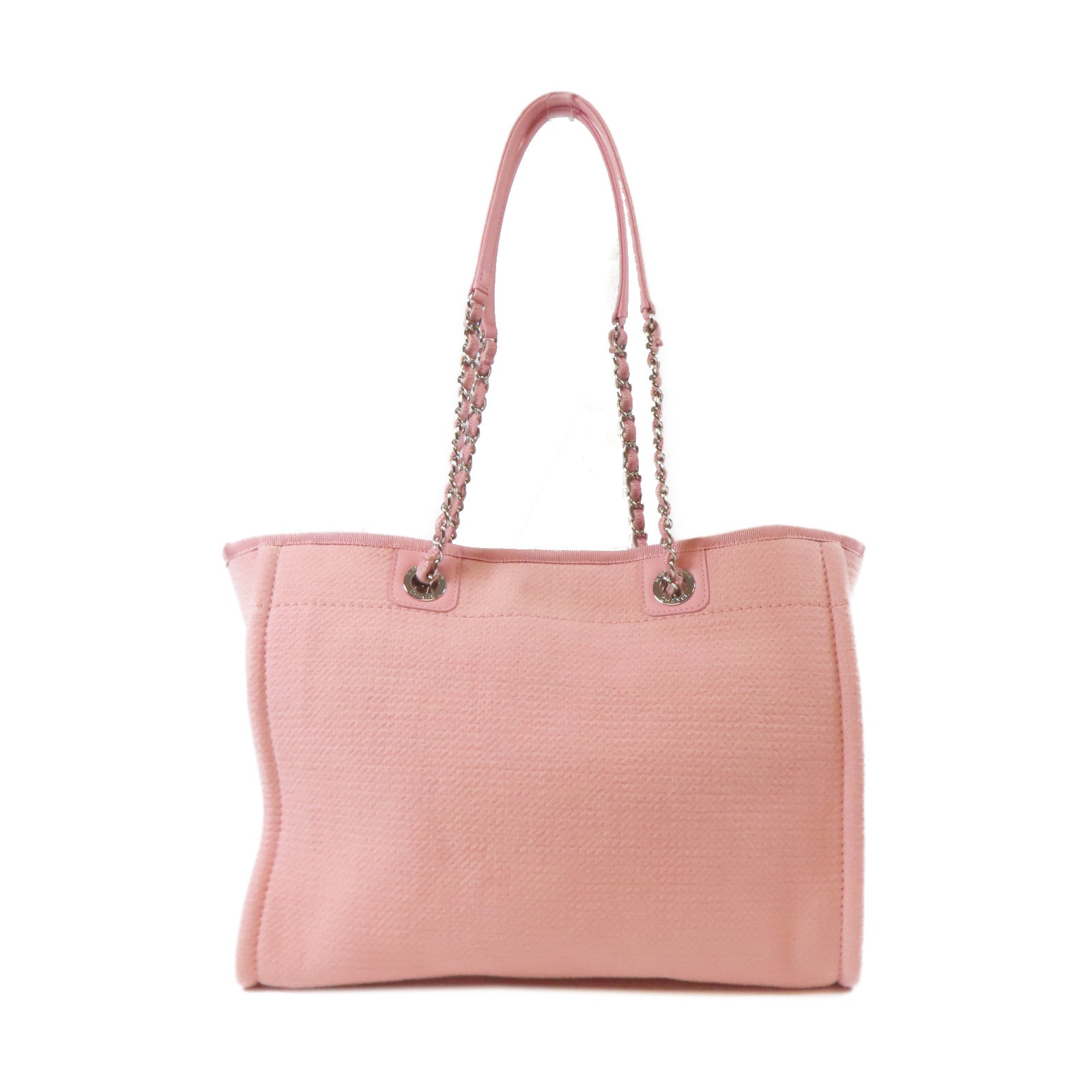 CHANEL 帆布Deauville Tote銀扣鏈帶肩背袋粉紅色