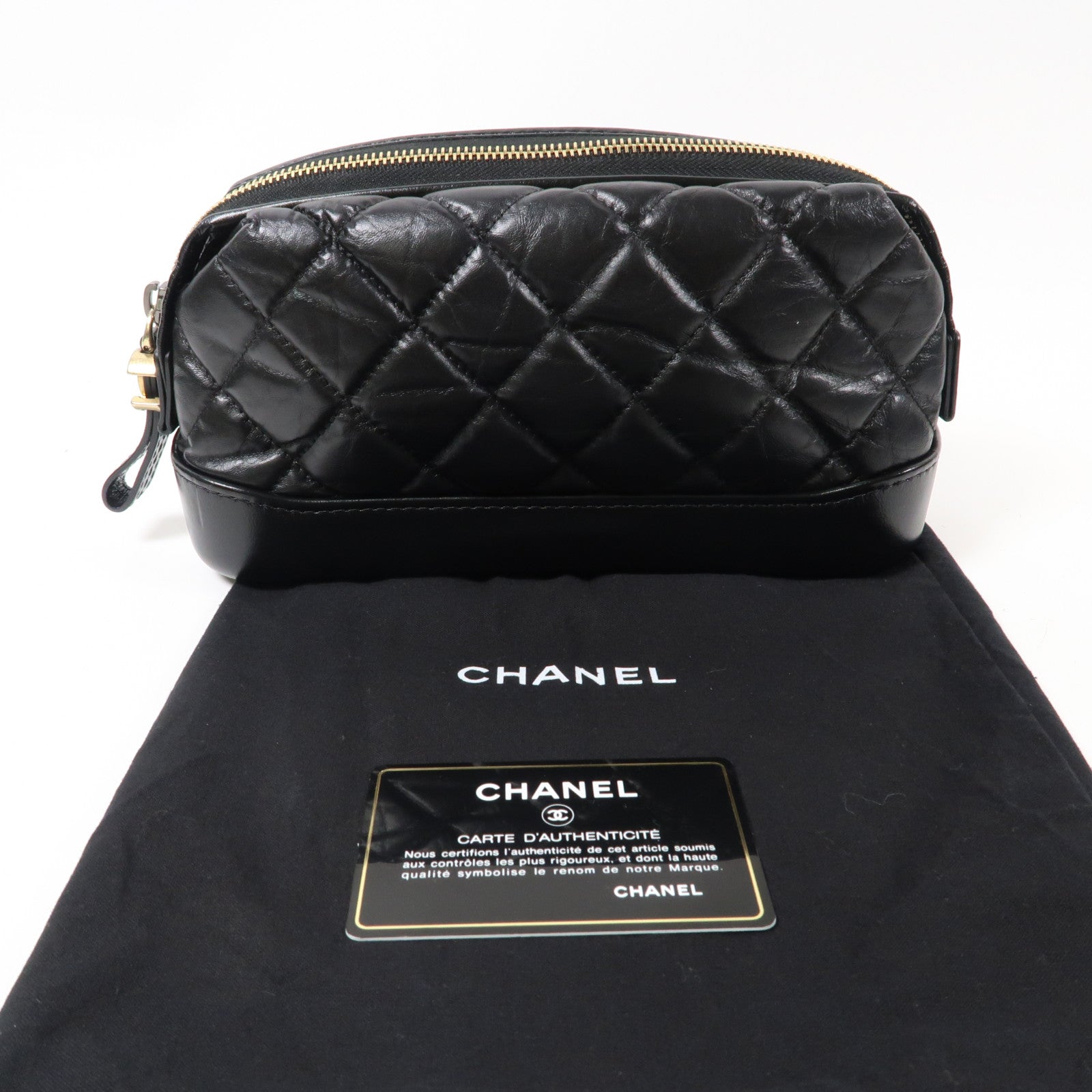 CHANEL 菱格牛皮皮革Gabrielle Cosmetic Pouch金扣手拿包黑色