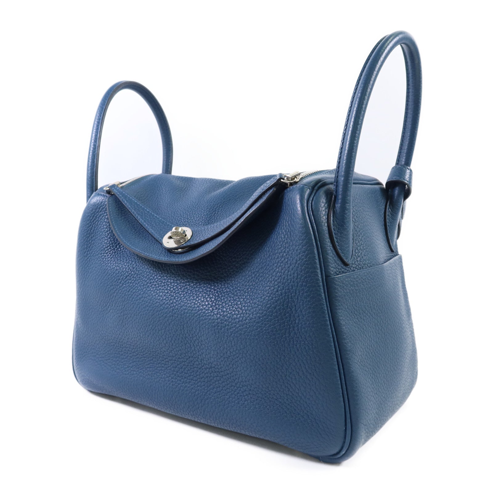 HERMES Clemence皮革Lindy 30銀扣手挽肩背兩用袋Bleu Jean