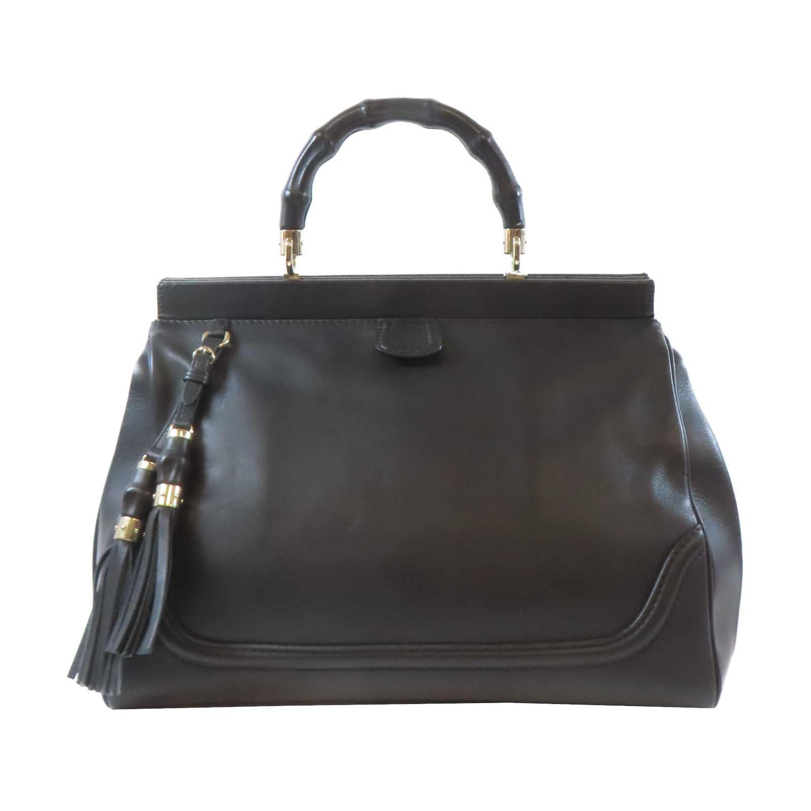 GUCCI 【激減優惠】皮革Bamboo Handbag銀扣手挽袋黑色