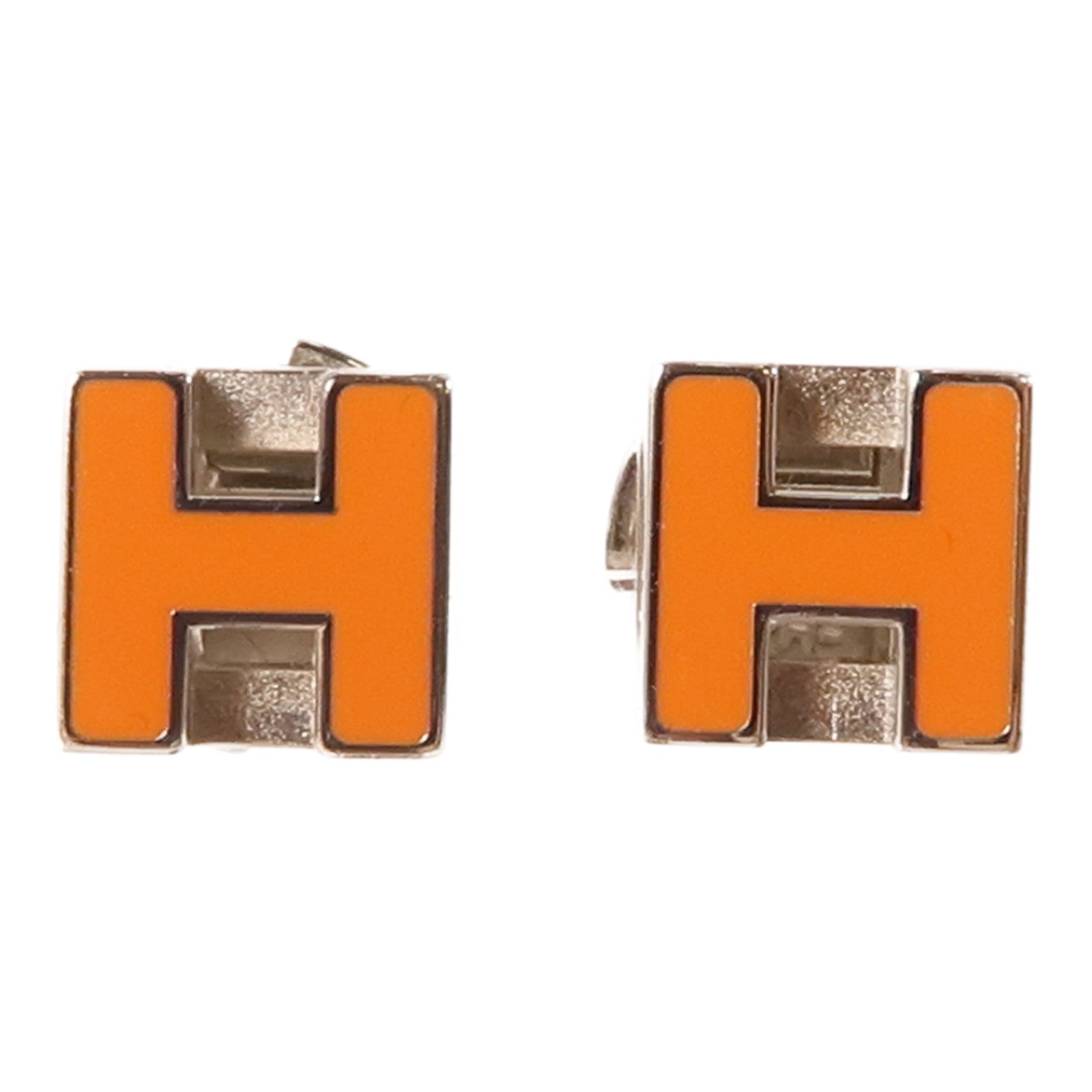 HERMES 金屬H Cube Earrings耳環銀色/橙色