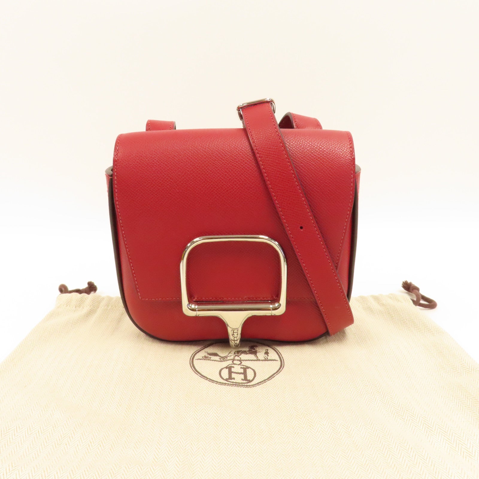 HERMES 【激減優惠】Epsom皮革Della Cavalleria Mini Bag銀扣肩背袋K1 Rouge Grenat石榴紅色