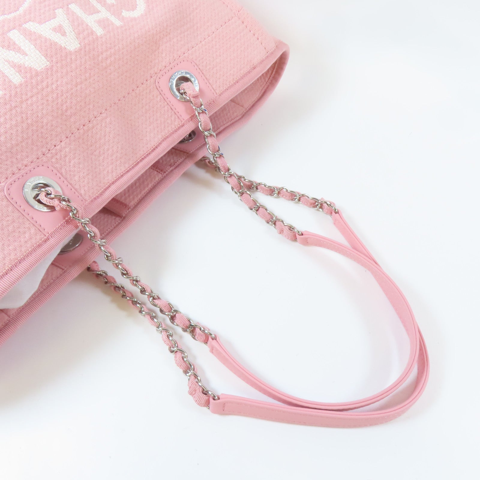 CHANEL 帆布Deauville Tote銀扣鏈帶肩背袋粉紅色