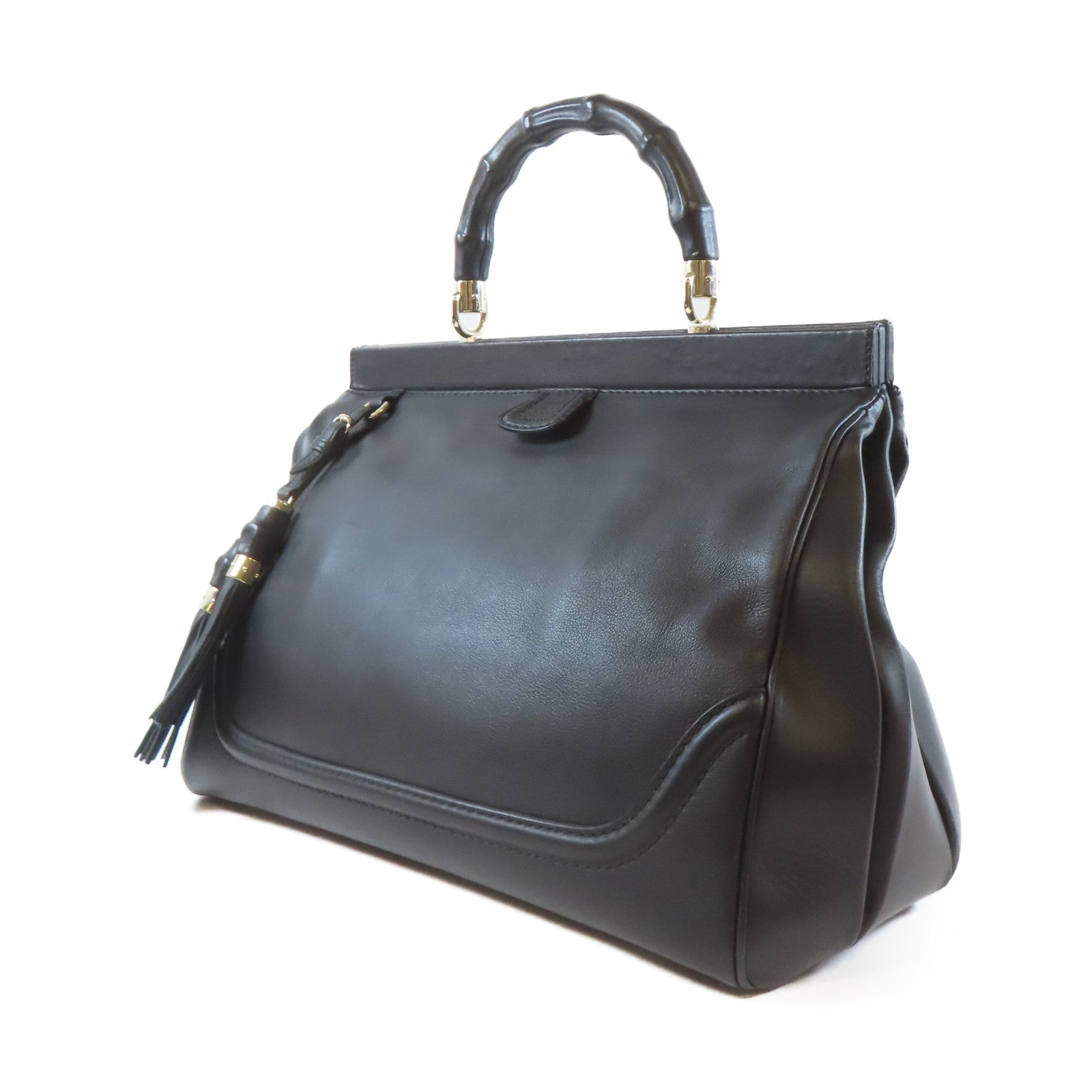 GUCCI 【激減優惠】皮革Bamboo Handbag銀扣手挽袋黑色